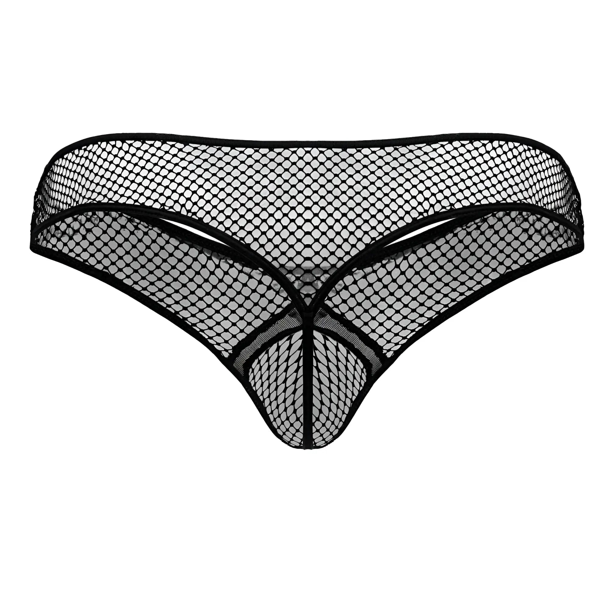 Black mesh thong fishnet thong with diamond-patterned design and reinforced edges by candyman in black
