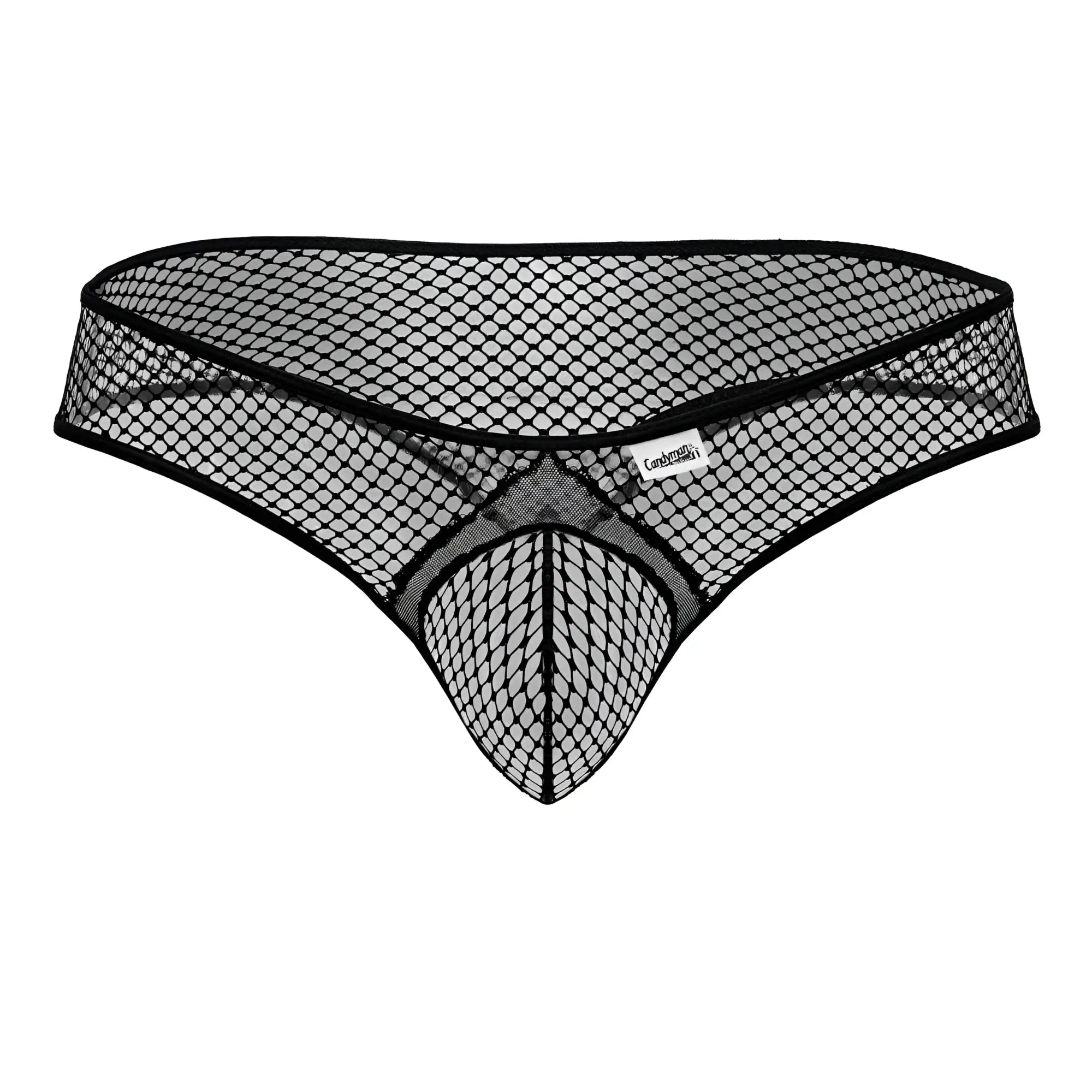 Black mesh thong candyMan 99843 with diamond-patterned fishnet design and reinforced waistband front view