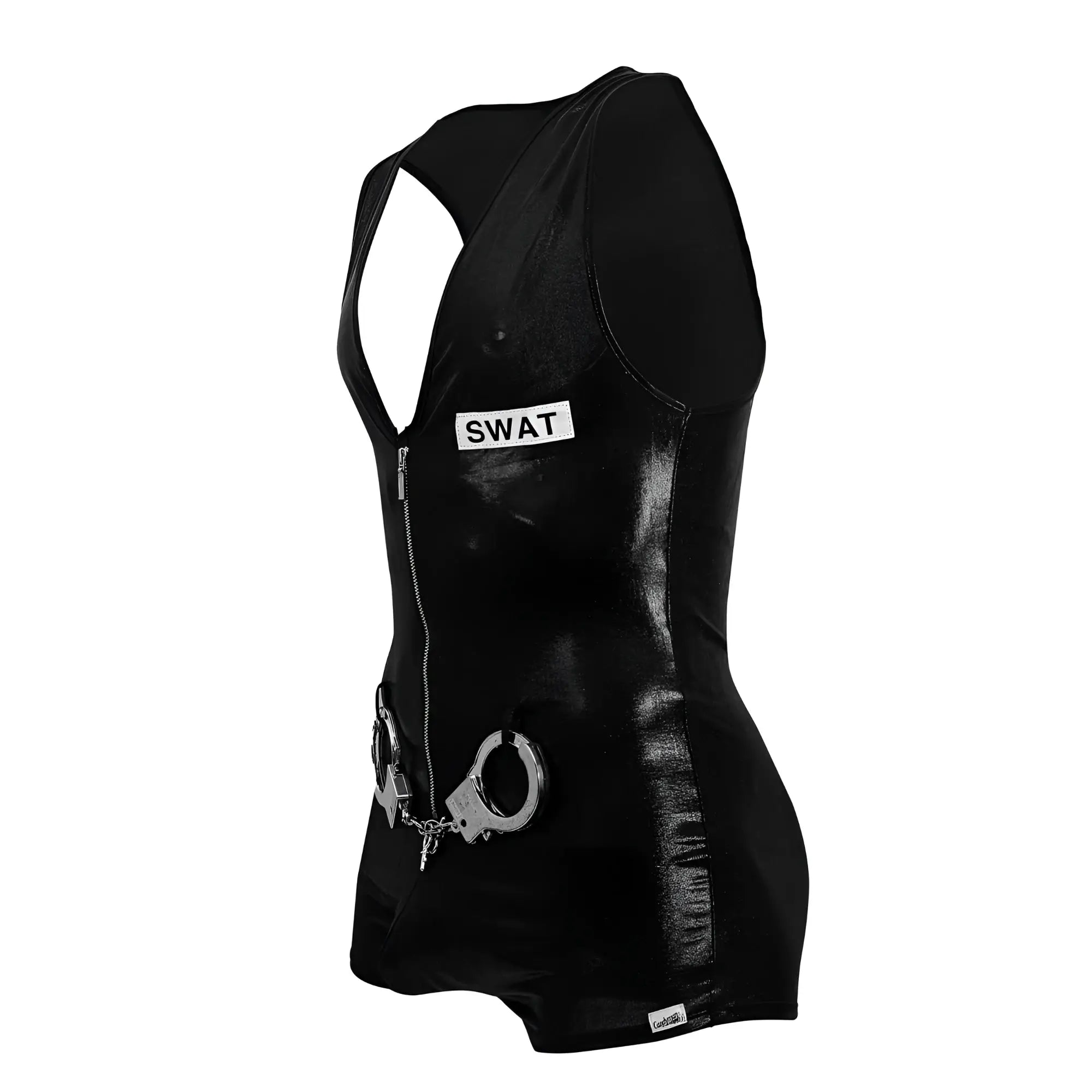 Black glossy vinyl swat vest with front zipper and attached silver handcuffs candyMan 99844 police bodysuit