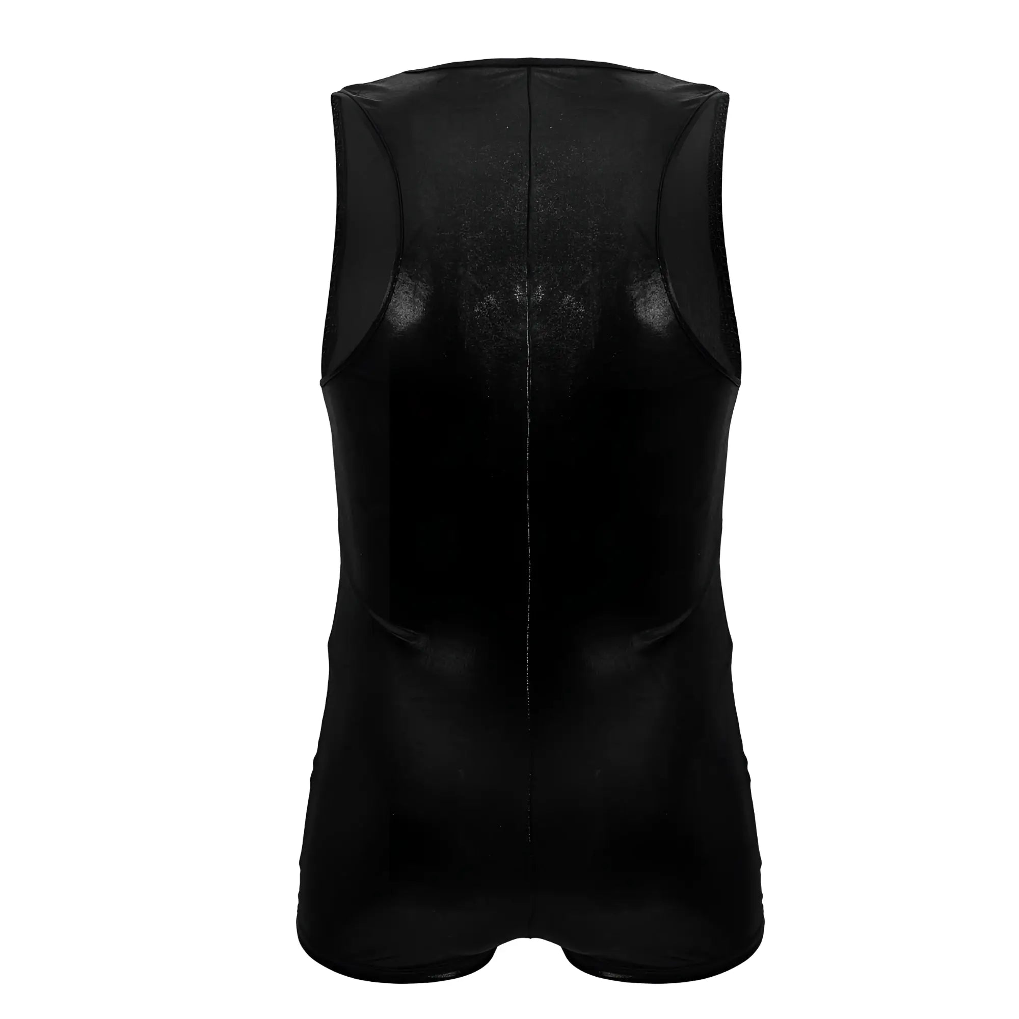 Black shiny faux leather sleeveless vest with central seam and contoured design from Candyman 99844 police bodysuit