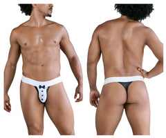 CandyMan 99846 tuxedo thongs in black feature white and black tuxedo briefs design with bow tie on front