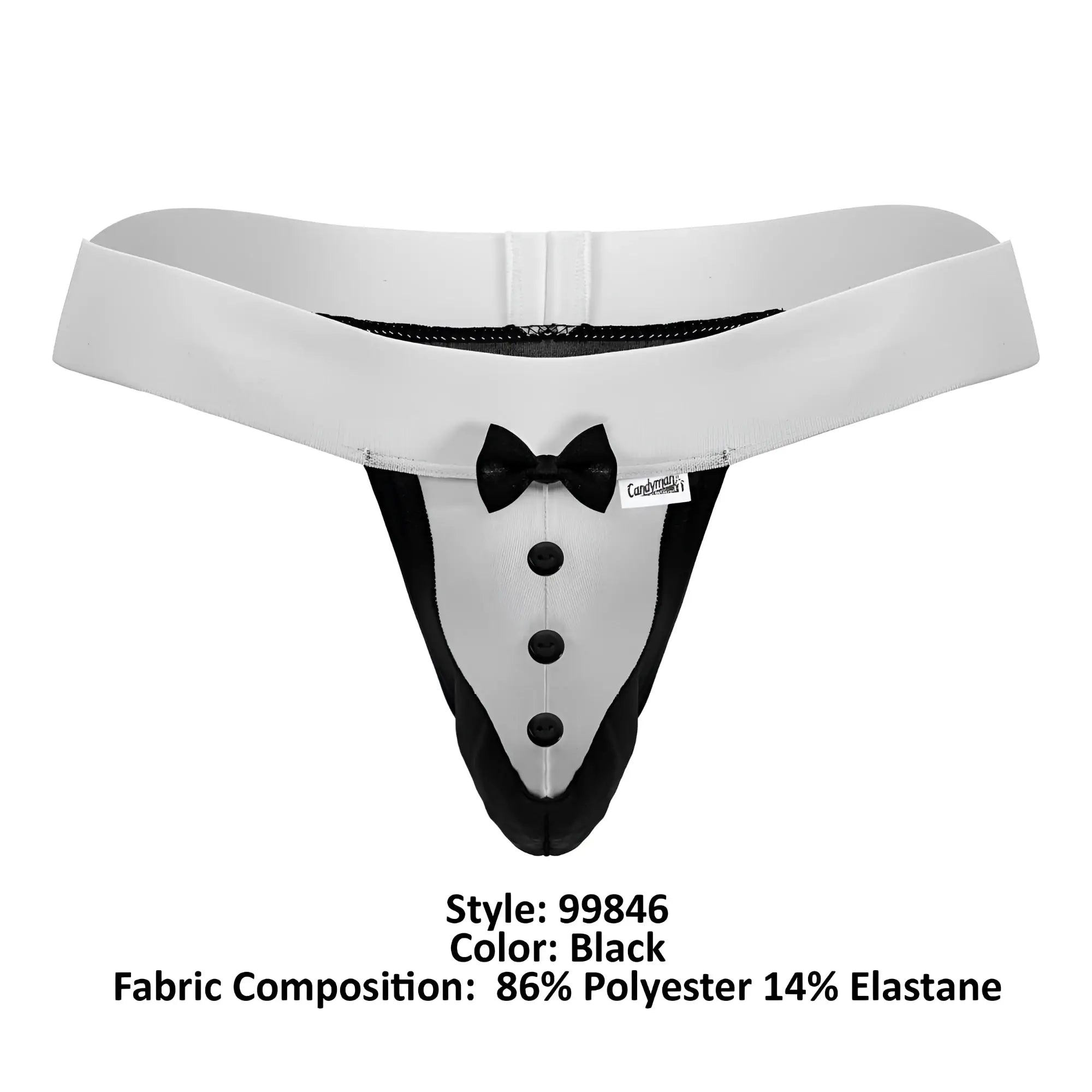 CandyMan 99846 tuxedo thong in black with white details and a bow tie accent for a playful formal look
