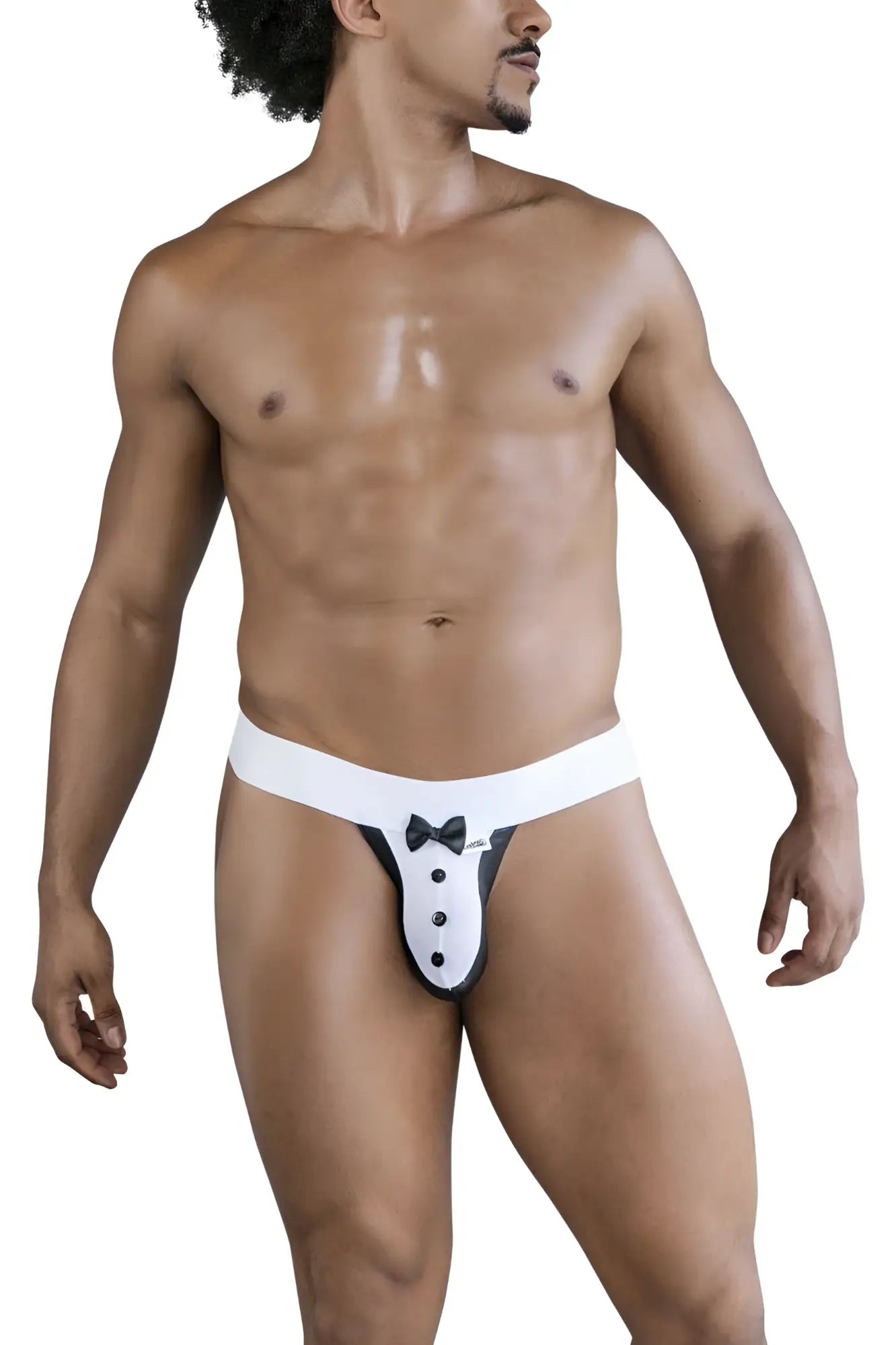 CandyMan 99846 black tuxedo thong with white fabric, black bow tie, and button details for stylish wear