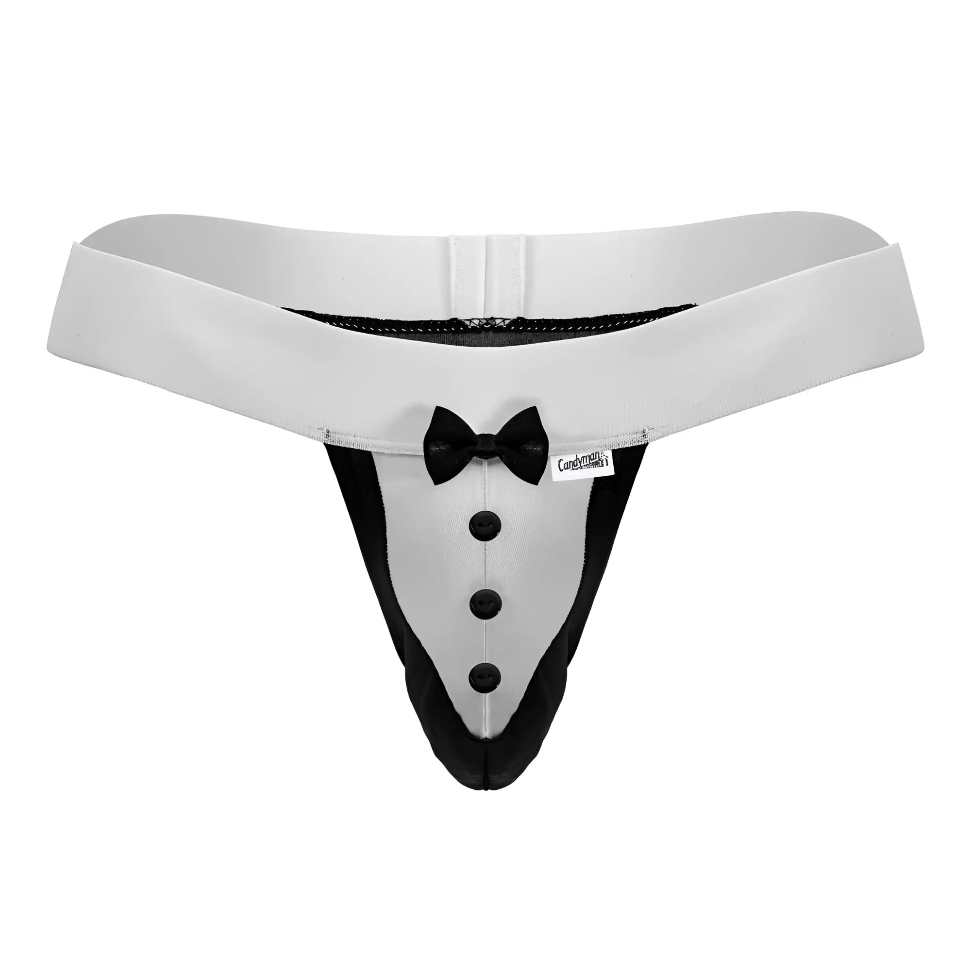 CandyMan 99846 tuxedo thong in white with black trim, buttons, and bow tie detail for stylish underwear wear
