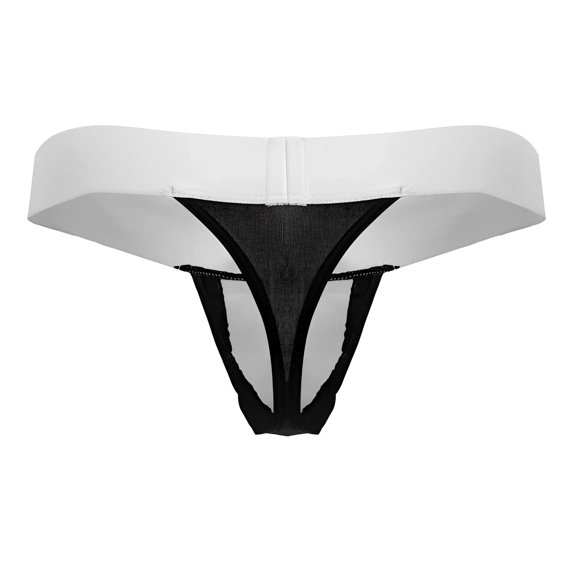 CandyMan 99846 tuxedo thong in black with white solid waistband mesh front panel and thin black straps