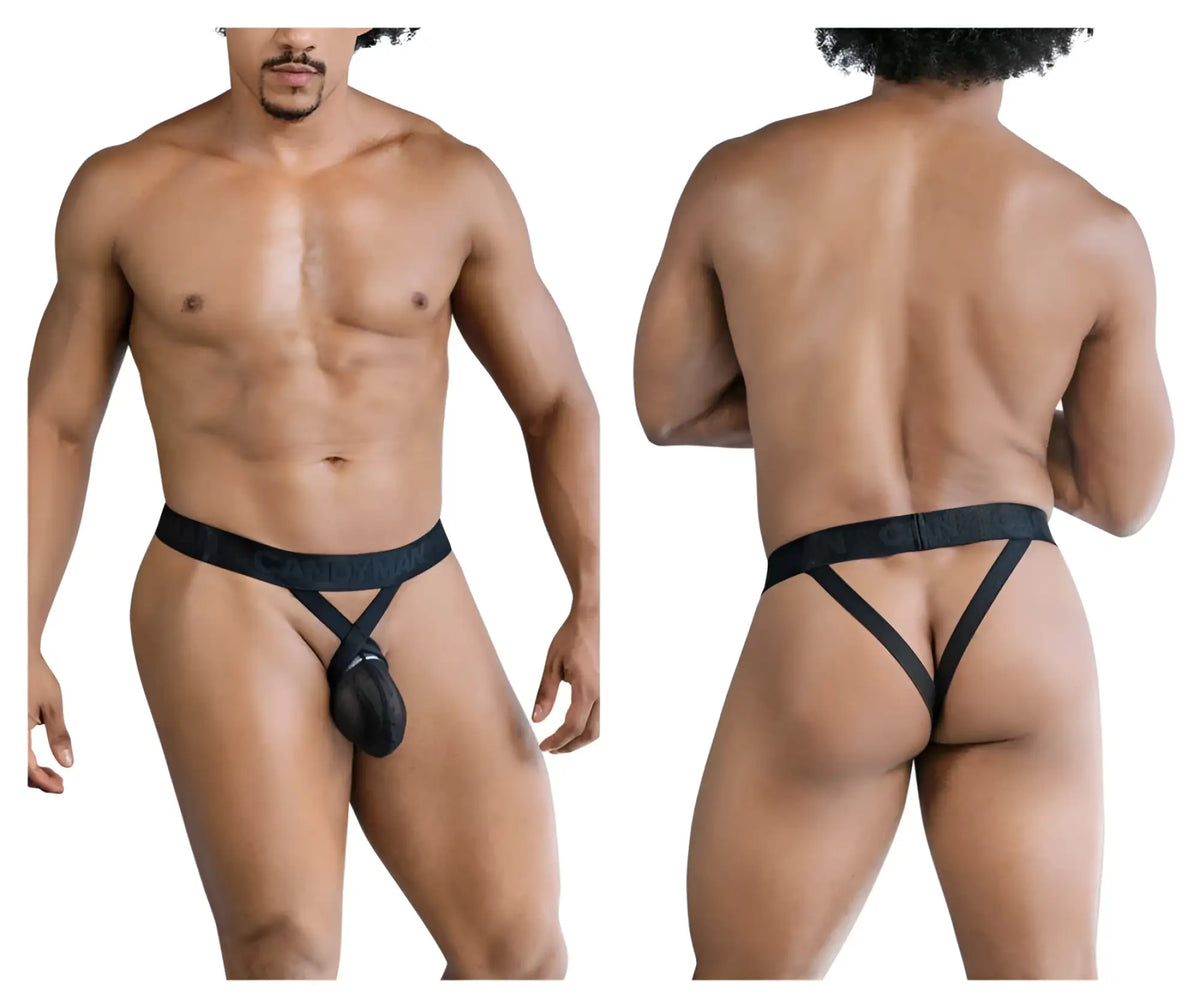 Black nylon CandyMan 99847 mesh thong with central pouch and crisscross back straps shown from the back side