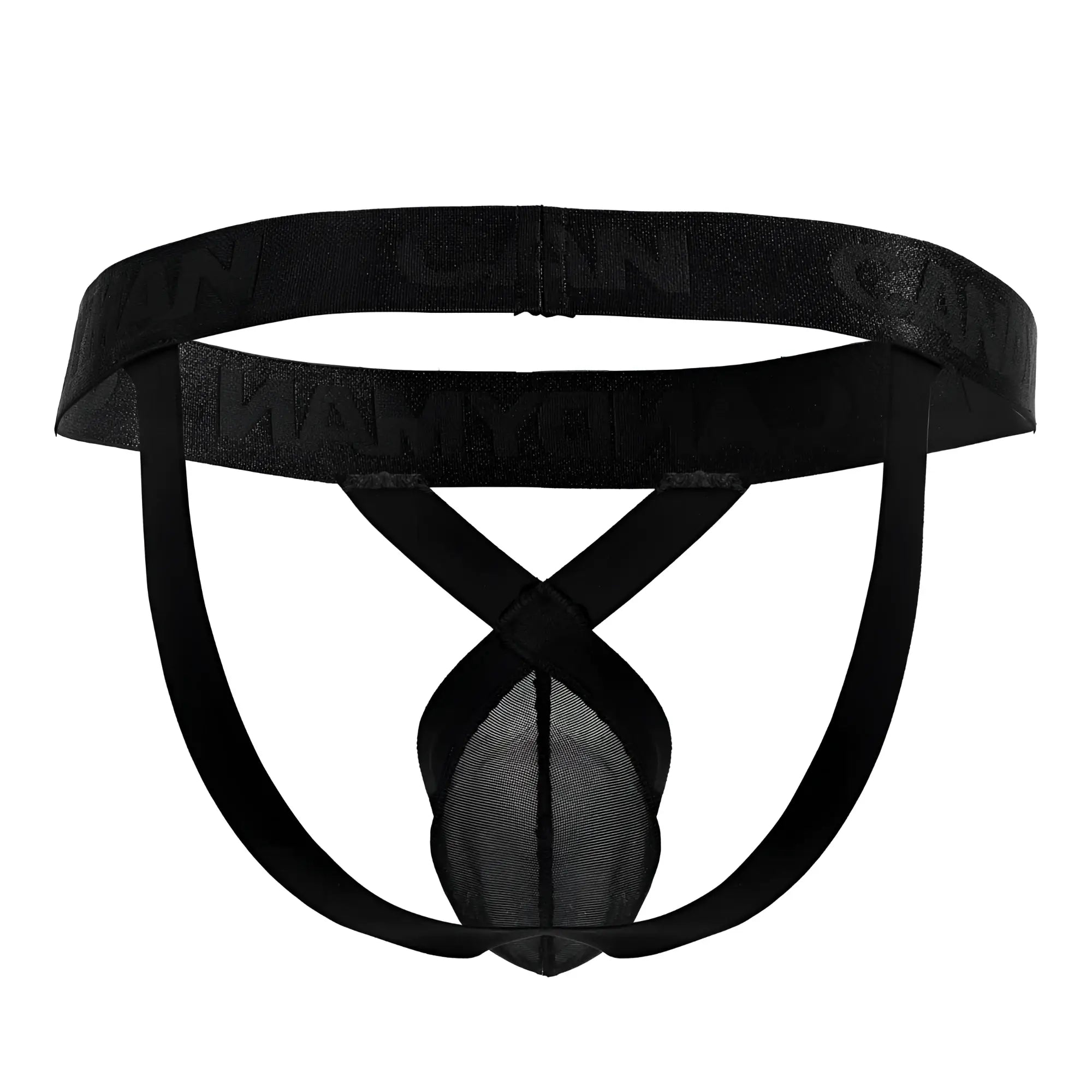 Candyman 99847 black mesh thong with solid waistband and crossed leg straps for a stylish comfortable fit