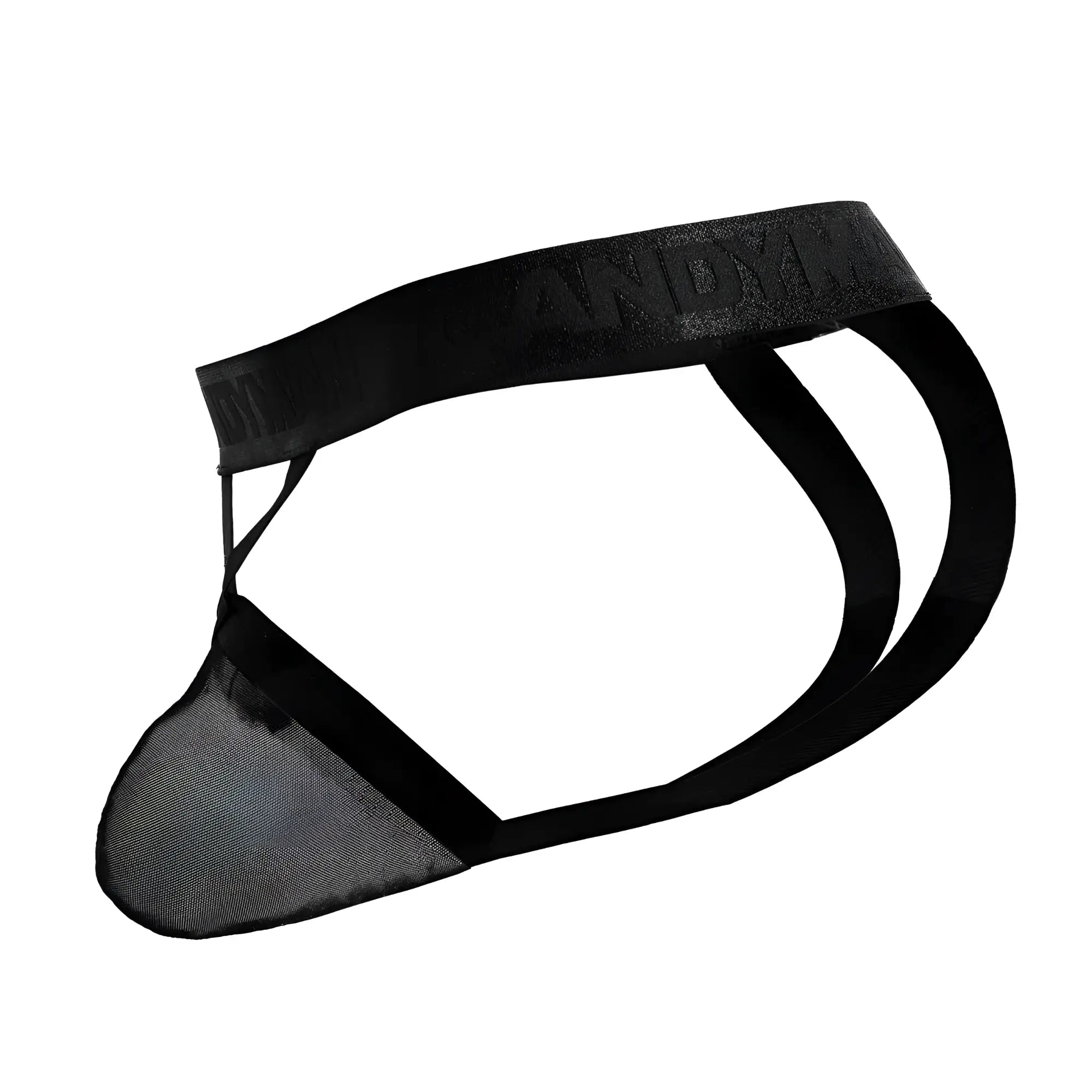 Black candyMan 99847 mesh thong with solid elastic waistband embossed with andy brand name visible