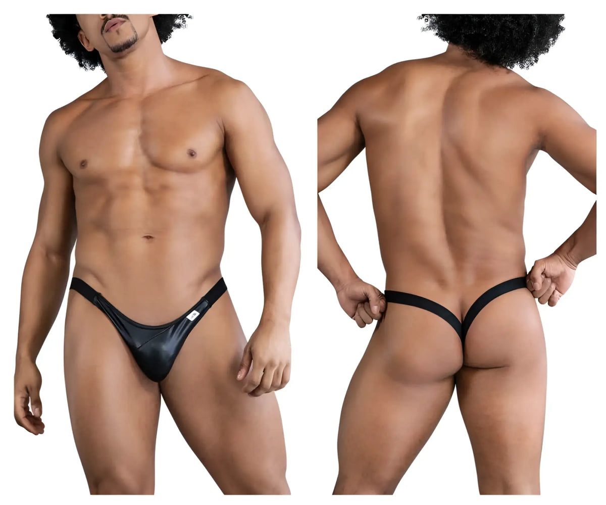 Black shiny latex thong bikini with a small white side tag from CandyMan model 99848 in color black