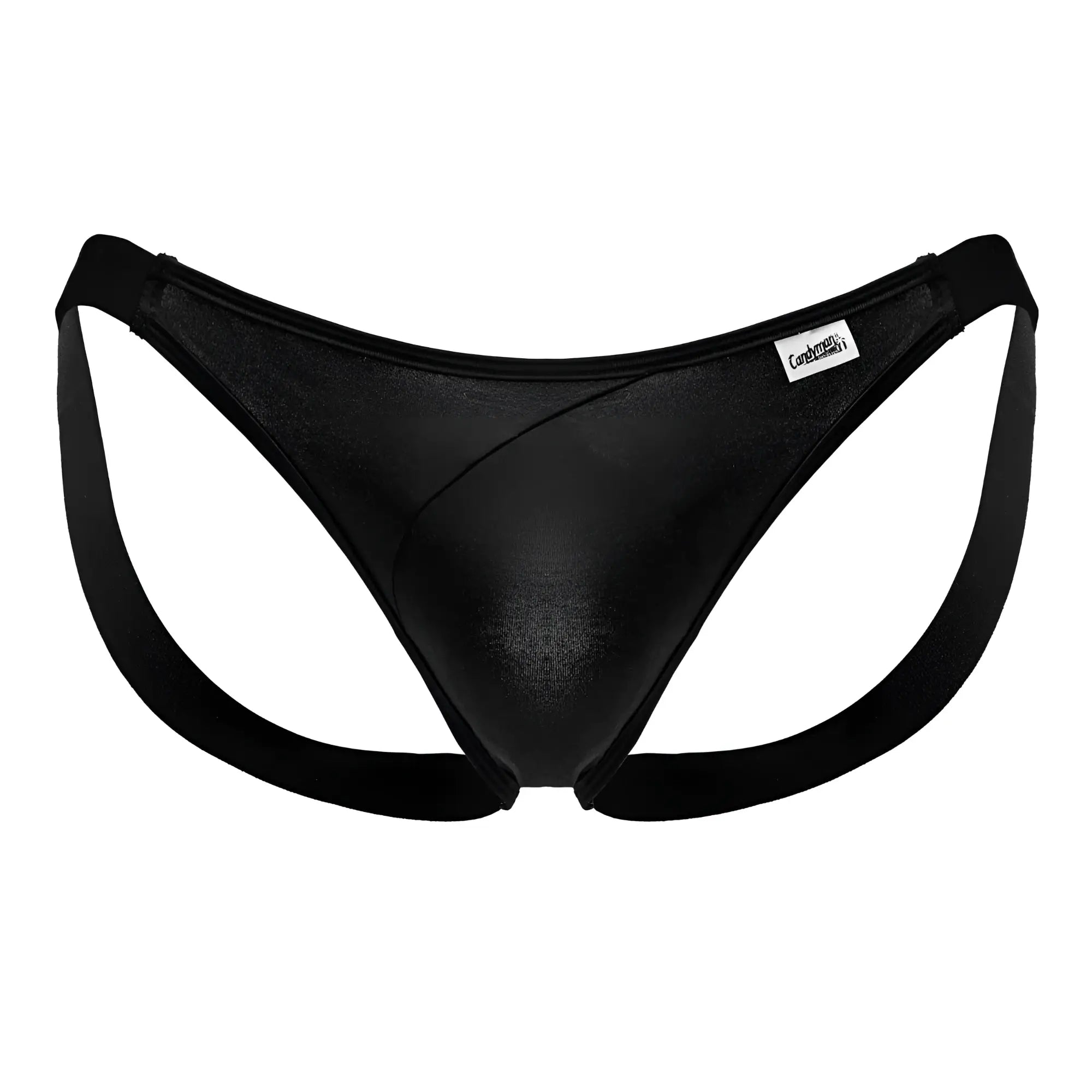Black shiny metallic finish men’s thong with wide supportive side straps and branded waistband candy man 99848 bikini thong