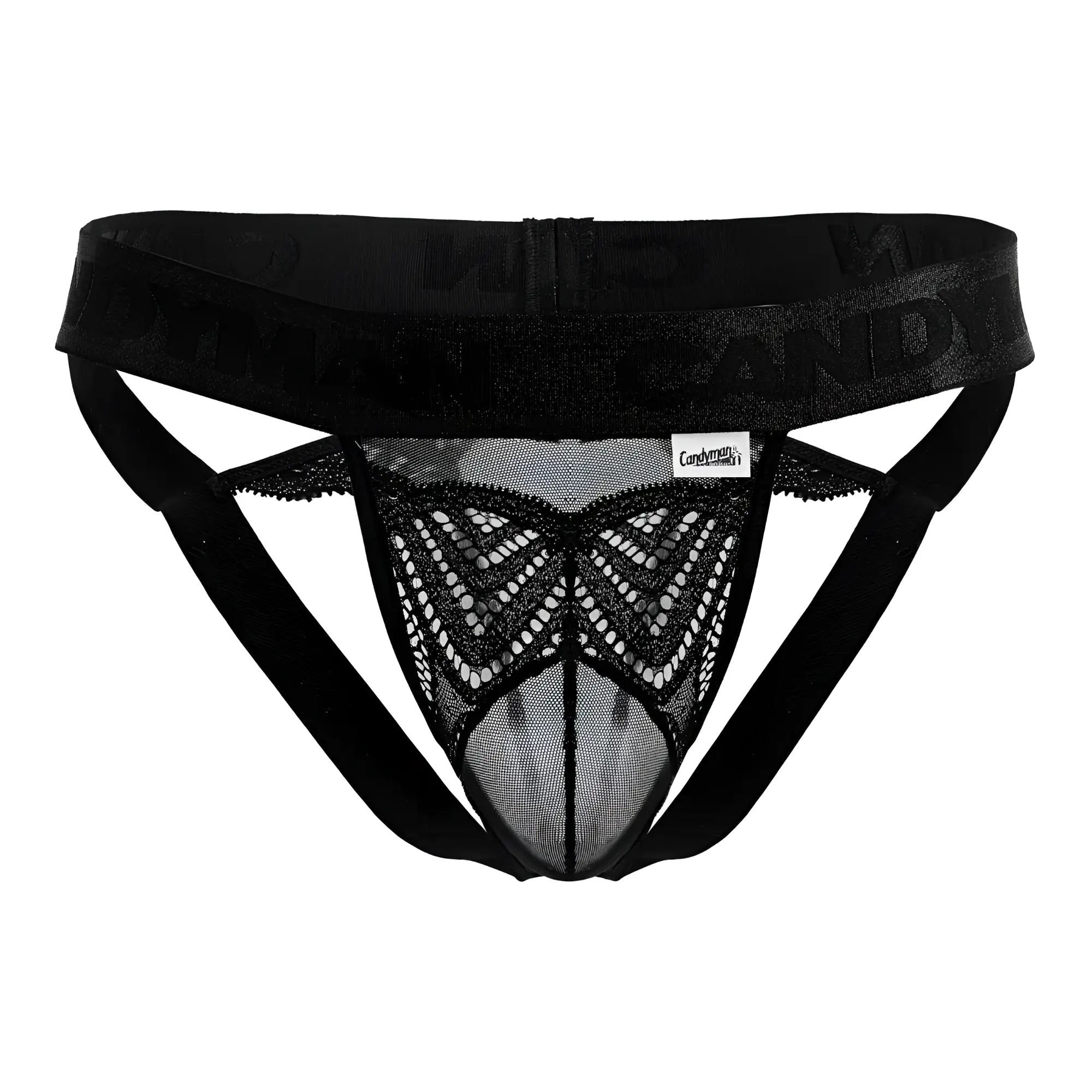 Black lace mesh thong in black featuring a butterfly pattern and a branded waistband by CandyMan 99849