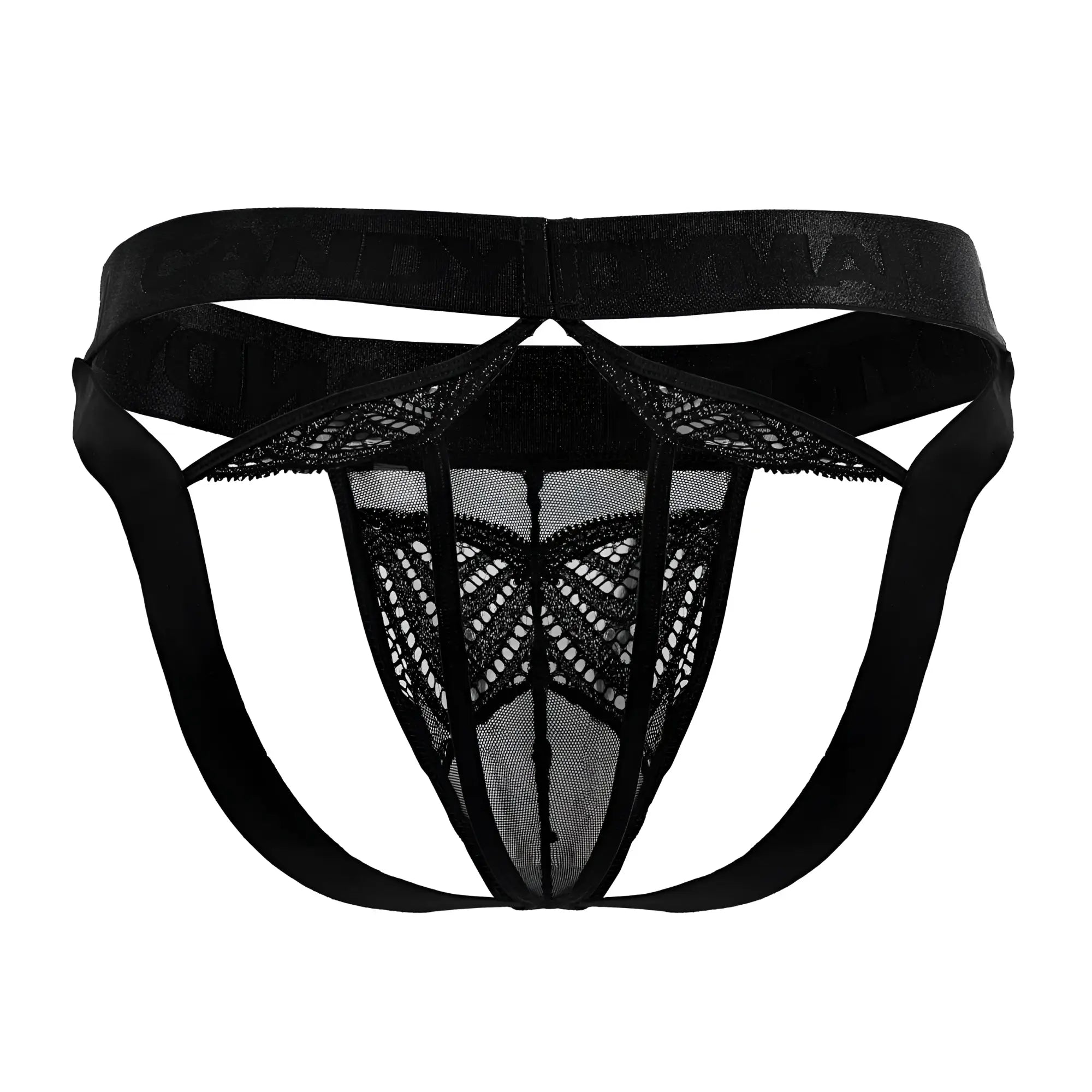 Black lace mesh thong with elastic waistband by candyman showing front design and sheer fabric details