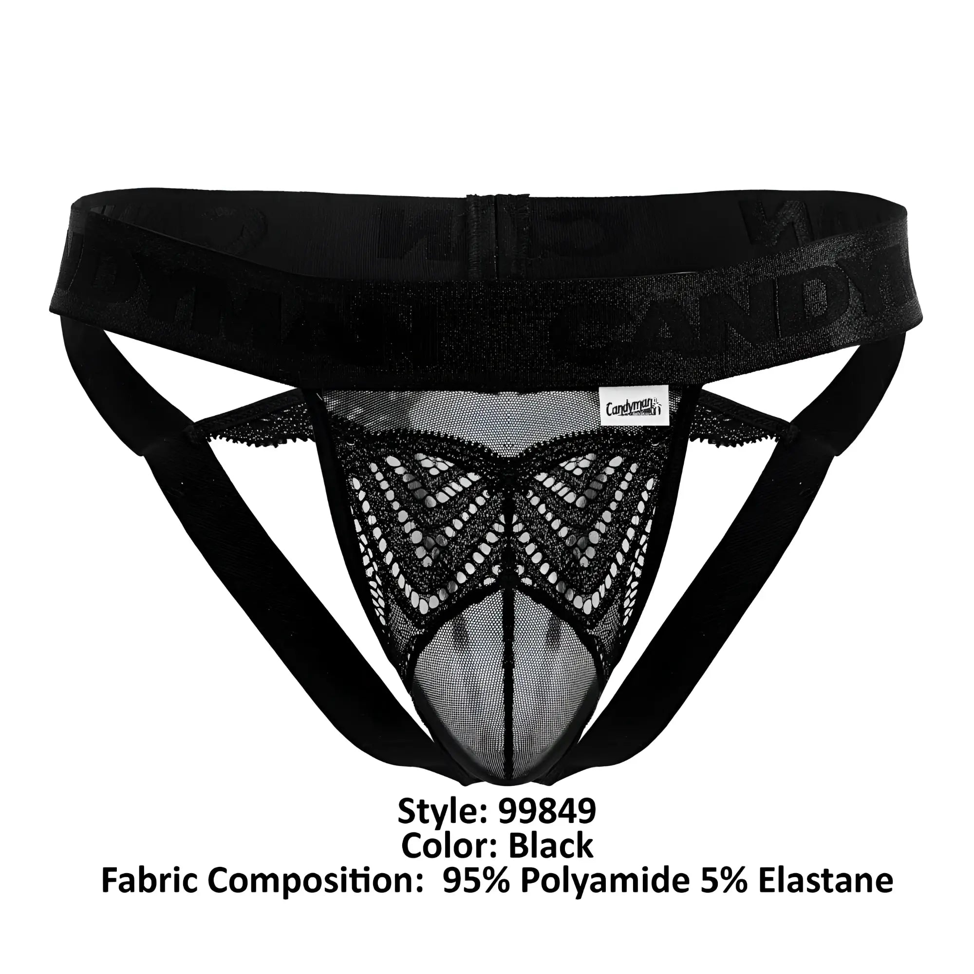 Black lace thong with sheer mesh front and solid elastic waistband embossed with candy from Candyman 99849 collection