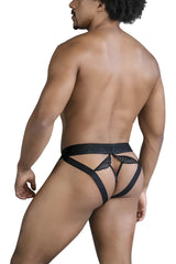 Black lace trim mesh thong with wide elastic waistband from candyman 99849 in black shown from back side