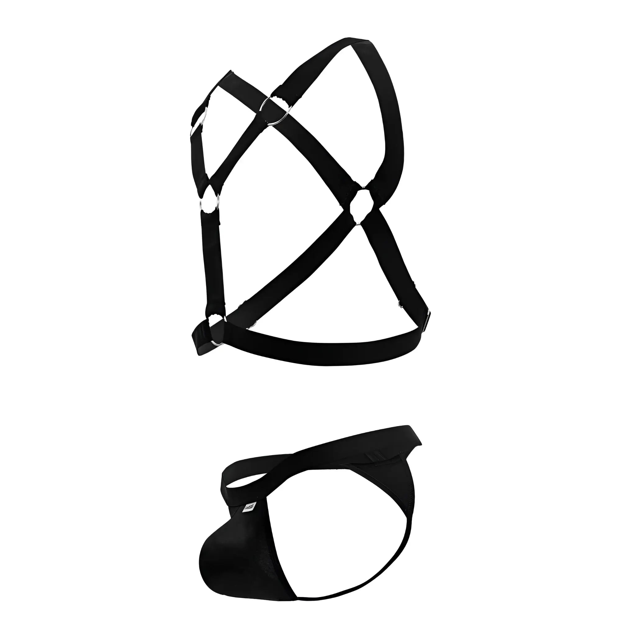 Black fabric harness and briefs set from candyman 99850 three piece outfit in black shown from the front
