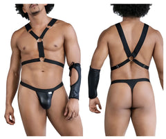 Black leather-like CandyMan 99850 three piece harness outfit with metallic rings and matching arm cuff