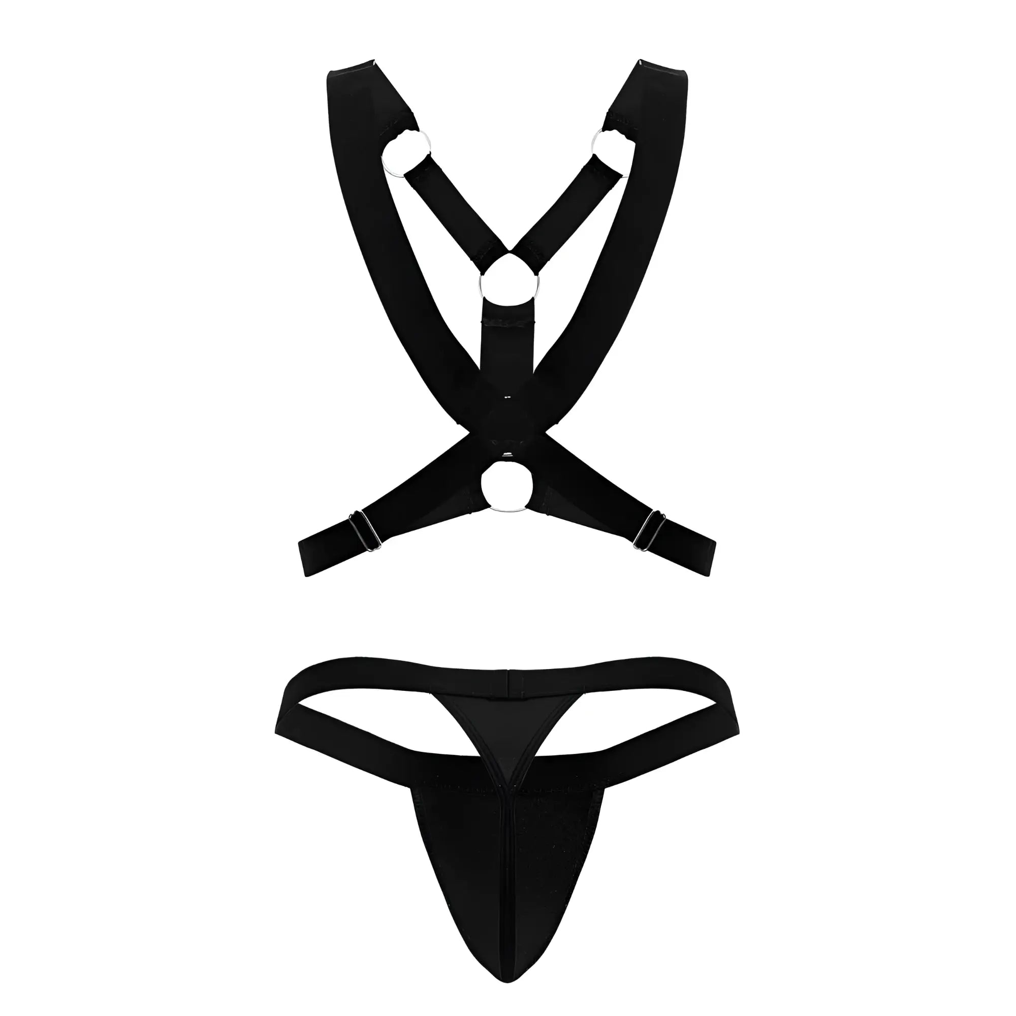 Black satin harness and thong set candyMan 99850 three piece outfit shown from the front