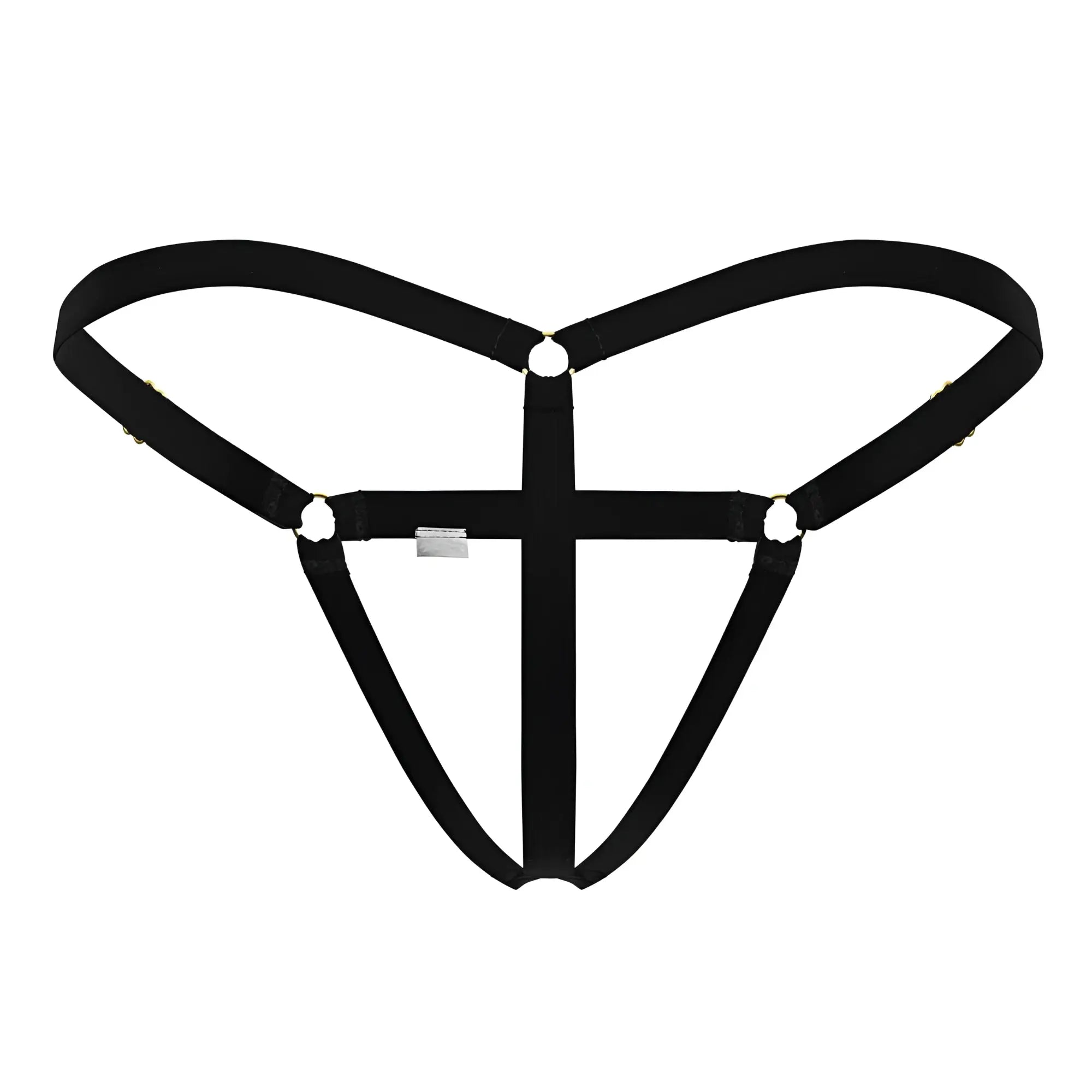 Black fabric harness with central crossbar and adjustable straps for candyman 99852 nudist thongs in black