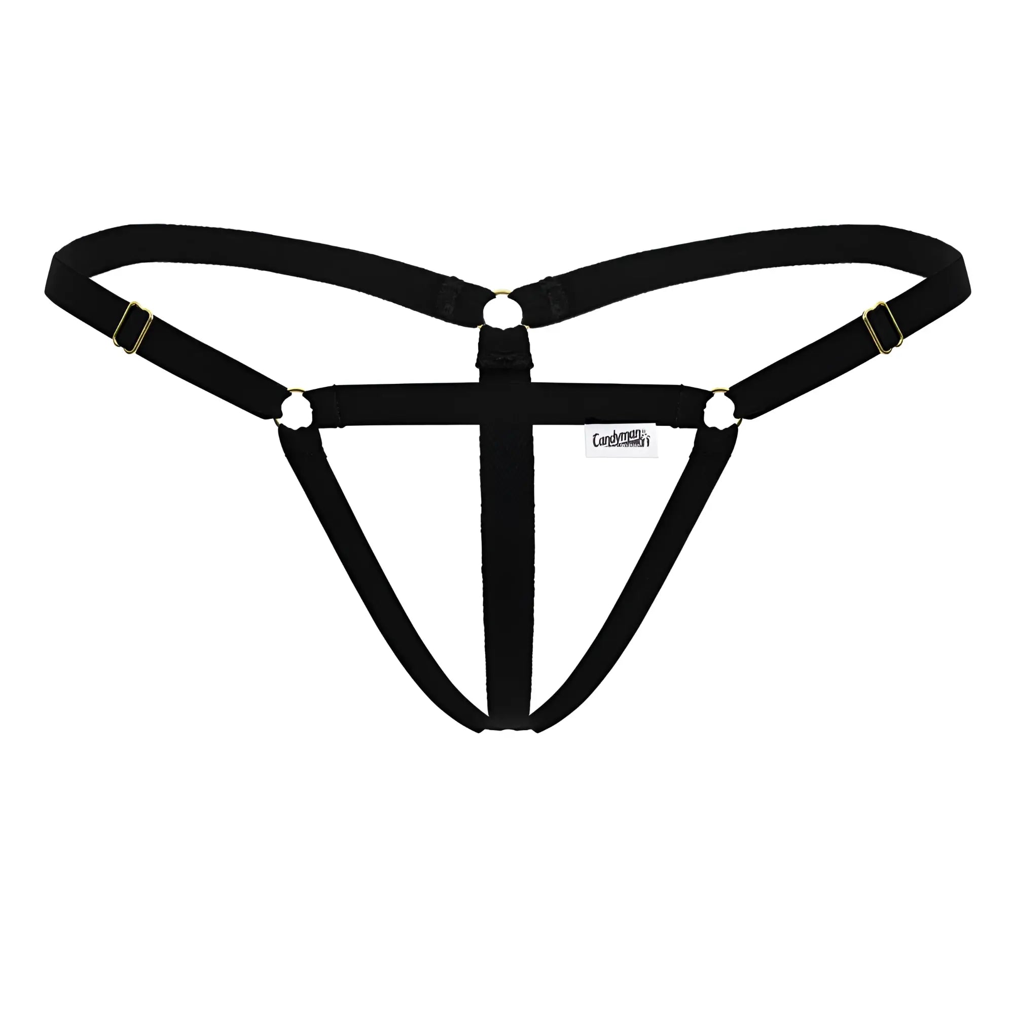 Black fabric harness with gold-toned metal clasps and rings for candyman 99852 nudist thongs in black color