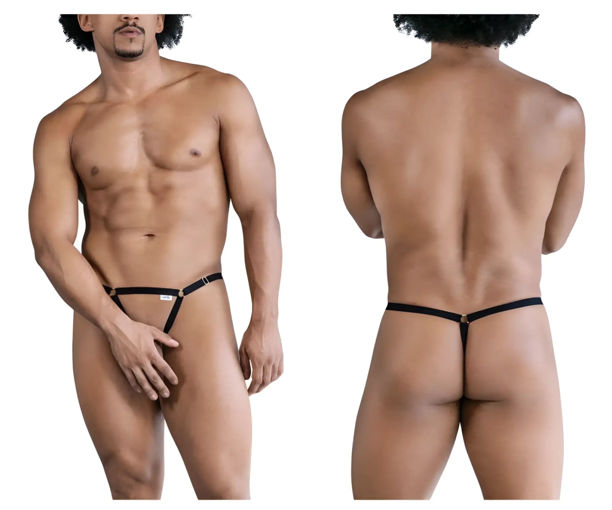 Black CandyMan 99852 nudist thong with gold-tone hardware and a small white label on the front