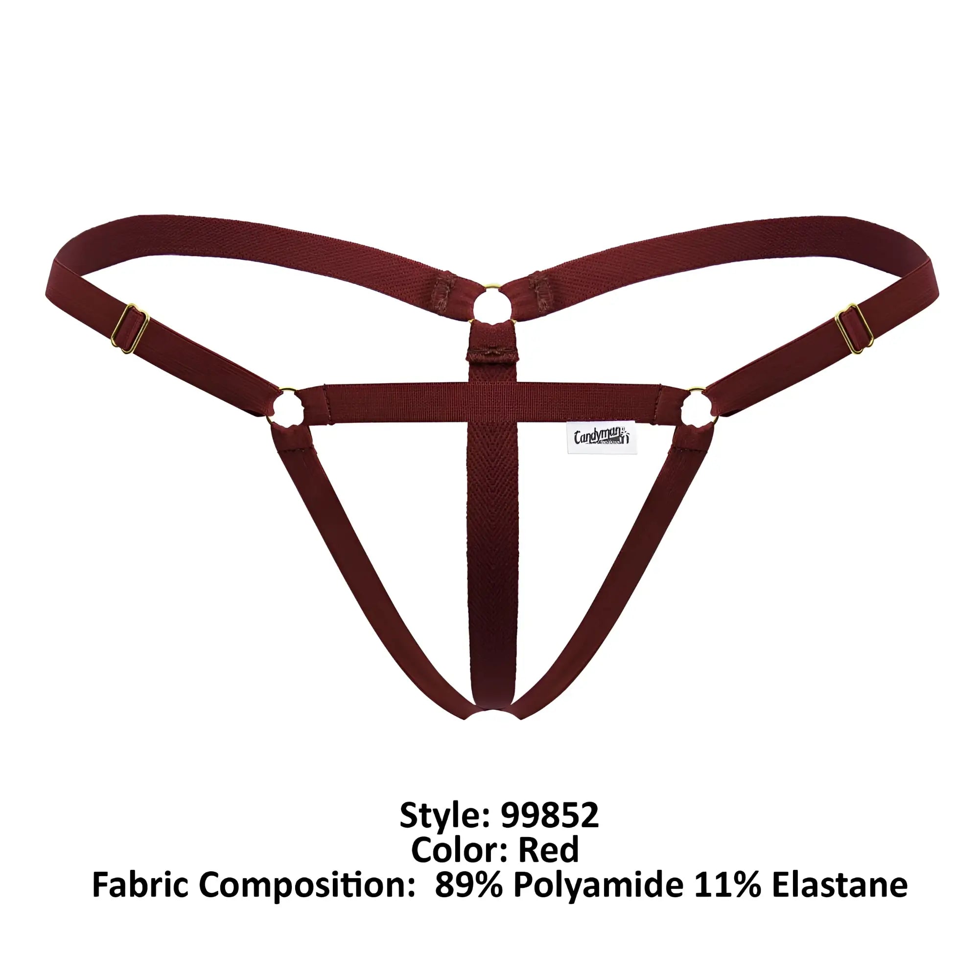 Red CandyMan 99852 Nudist thong harness made of 89% polyamide and 11% elastane with gold-tone hardware