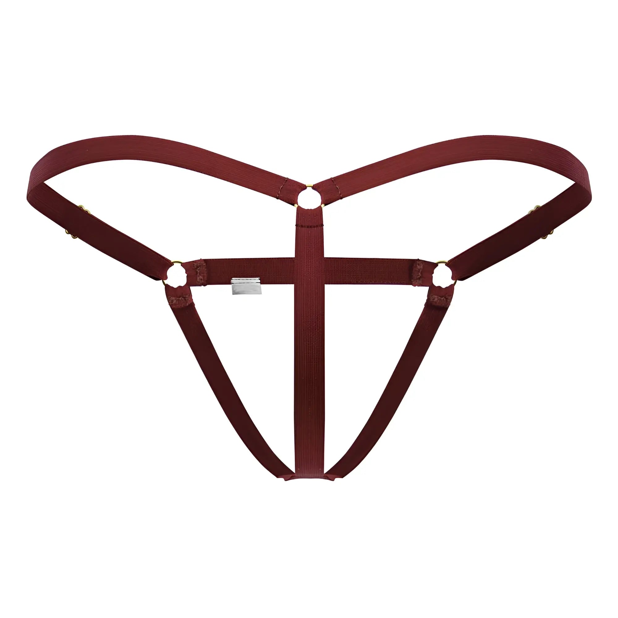 Maroon fabric harness with adjustable straps and metal hardware for CandyMan 99852 nudist thongs color red