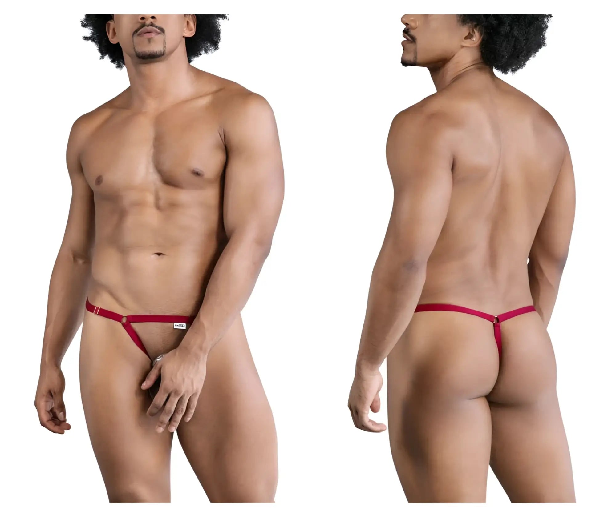 Red CandyMan 99852 Nudist thong with central clasp and adjustable side straps for comfortable fit