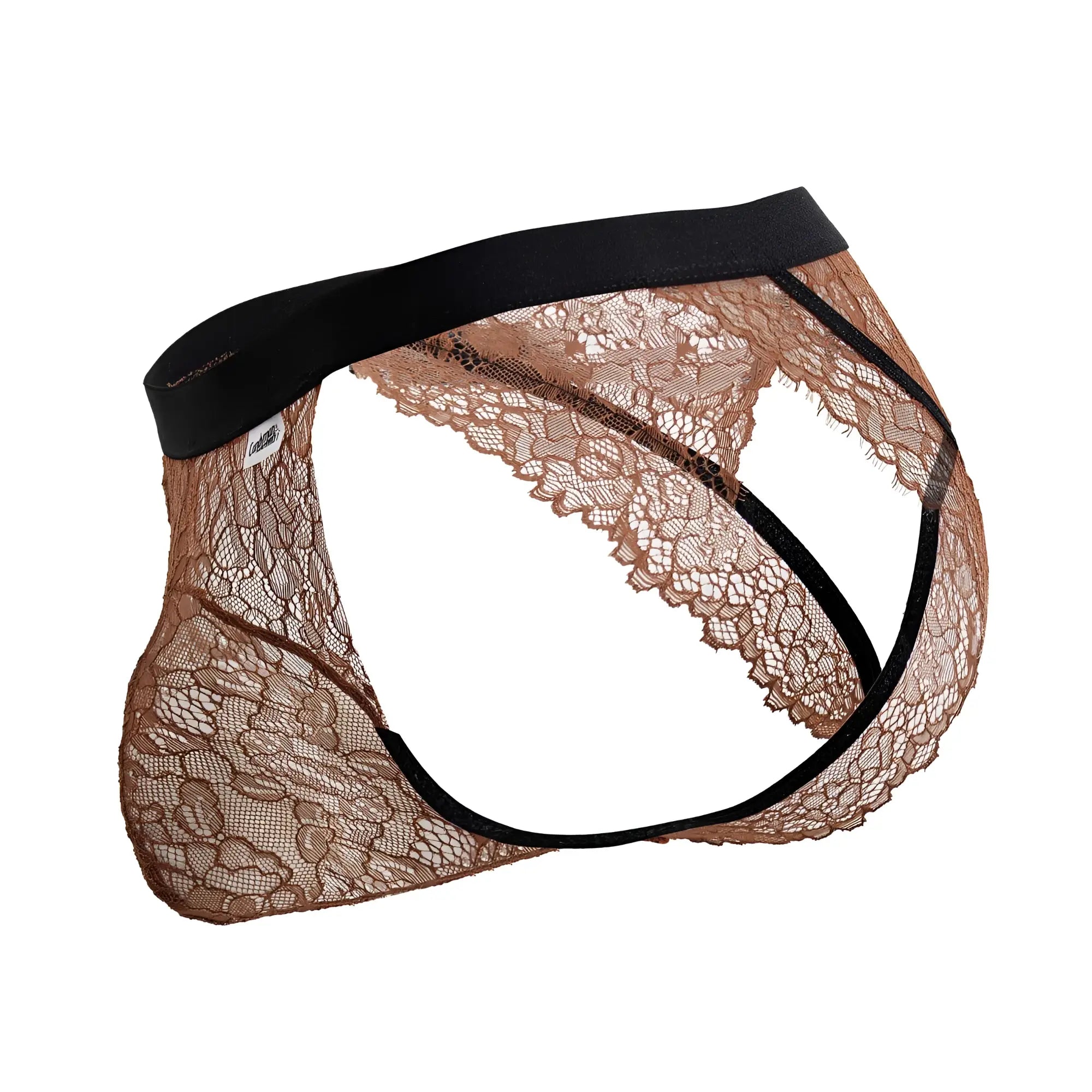 Brown lace men’s briefs with black elastic waistband and supportive straps candyMan 99853 lace jockstrap black-terracotta