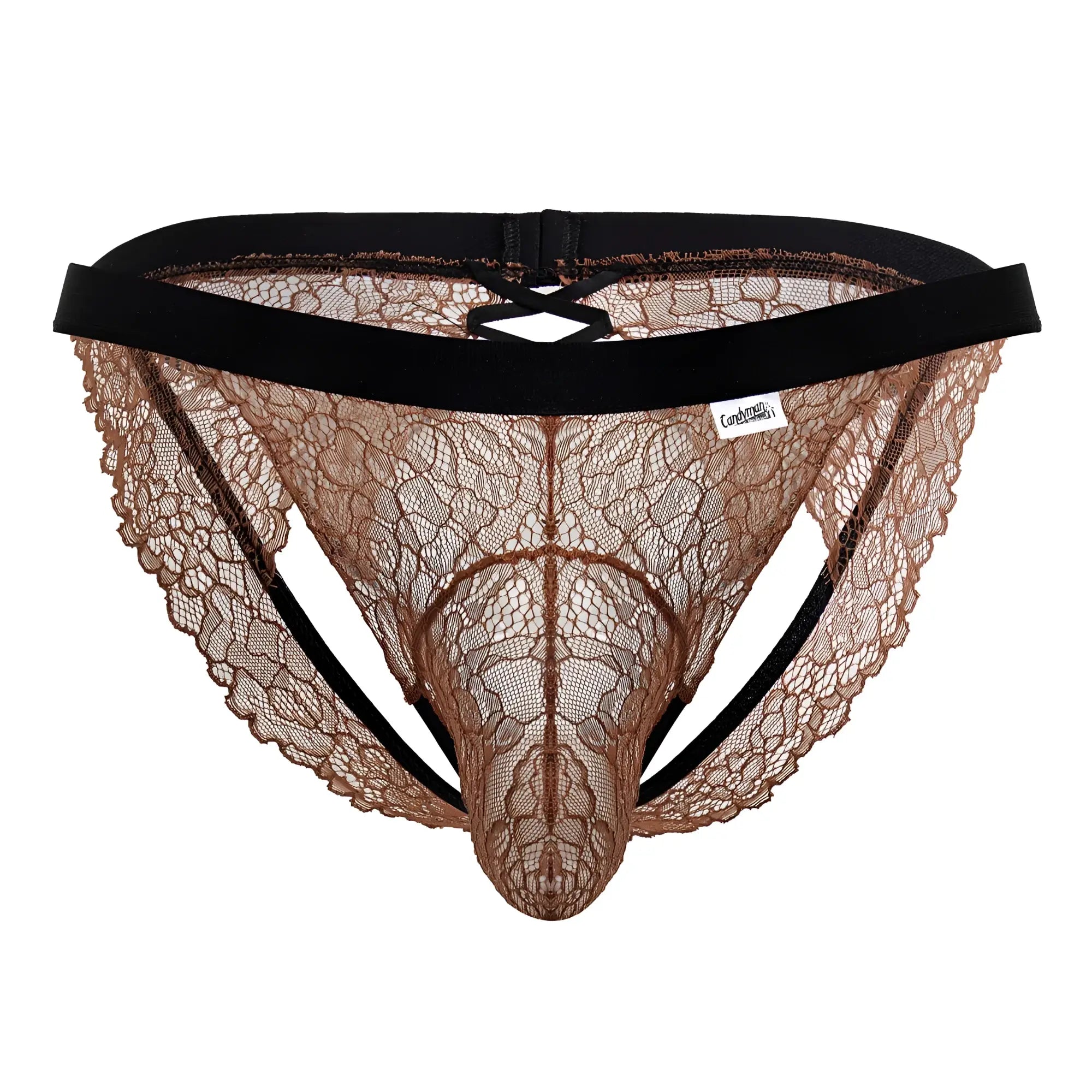 CandyMan 99853 lace jockstrap in black terracotta with brown lace thong front and black elastic waistband and side straps