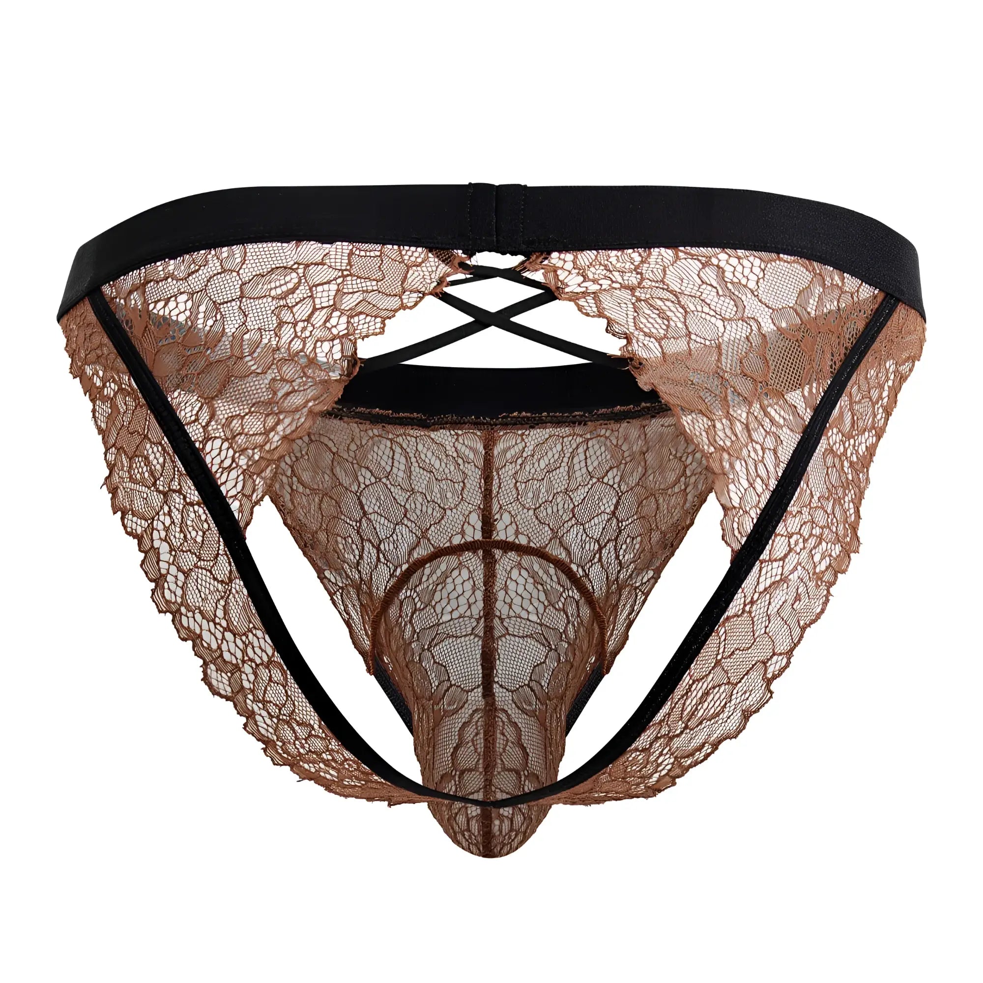 A delicate tan lace thong with black elastic waistband and straps from Candyman 99853 Lace Jockstrap black-terracotta