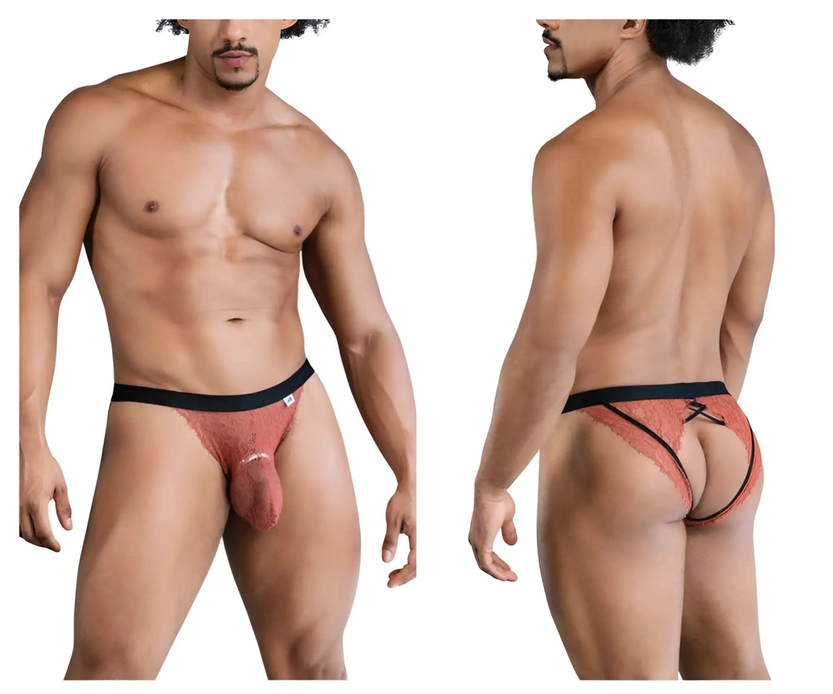 Rust-colored lace briefs with black elastic waistband and back tie candyMan 99853 lace jockstrap black-terracotta view from back