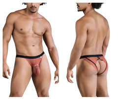 Rust-colored lace briefs with black elastic waistband and back tie candyMan 99853 lace jockstrap black-terracotta view from back