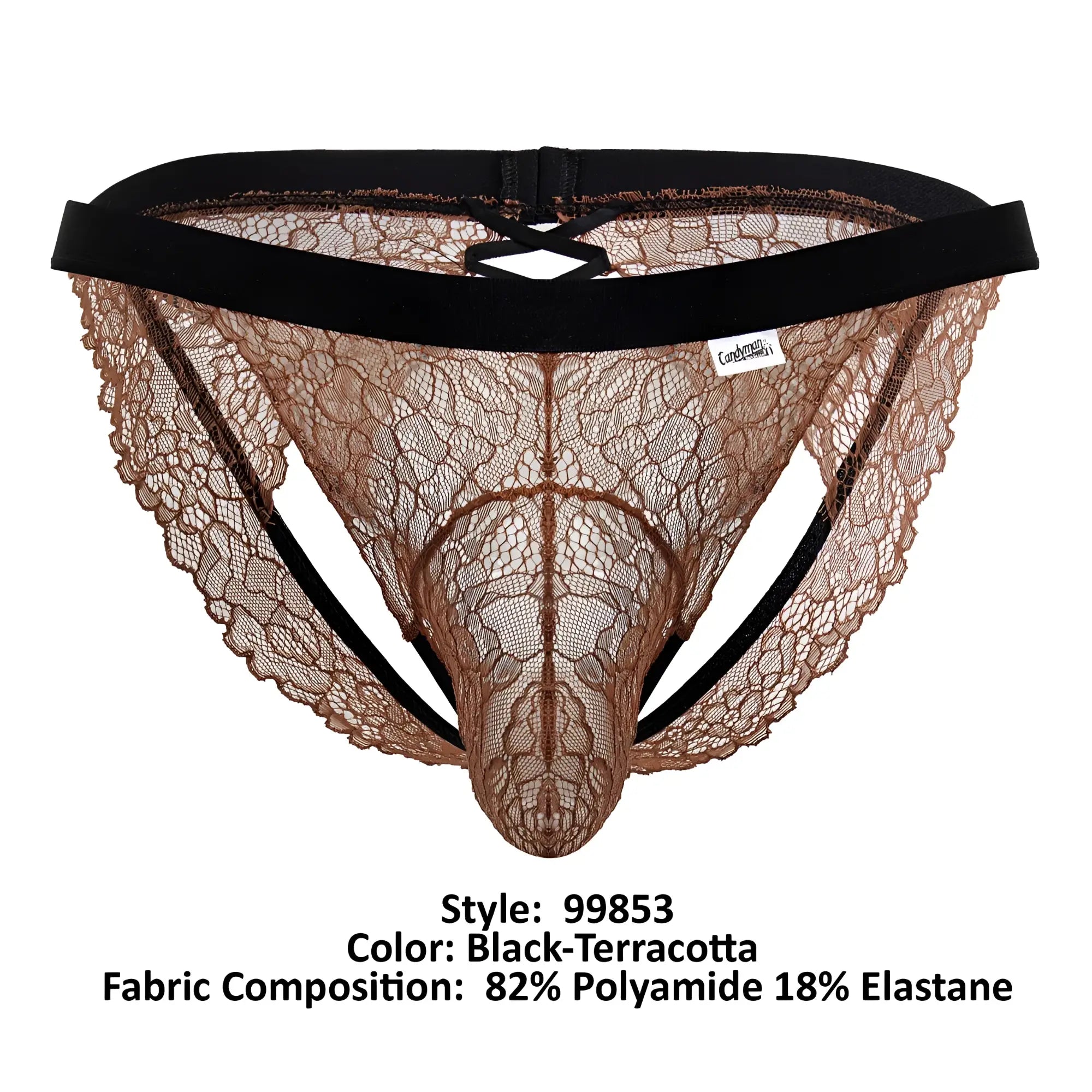 Black and terracotta lace thong jockstrap with supportive black elastic waistband candyMan 99853