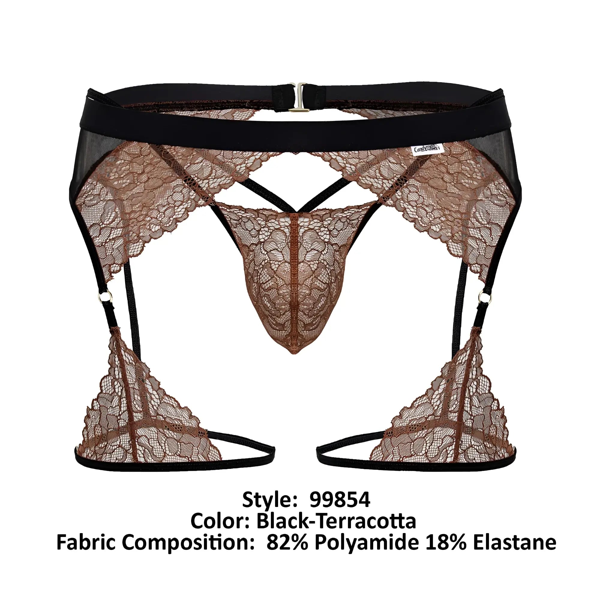 Black and terracotta CandyMan 99854 lace garter belt with central thong design for lingerie wear