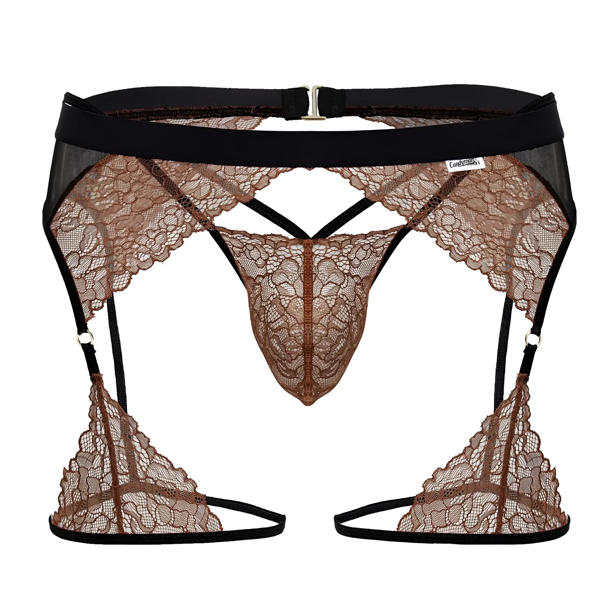 Brown lace garter belt with black elastic straps and silver buckle from CandyMan 99854 lace-garter outfit black-terracotta
