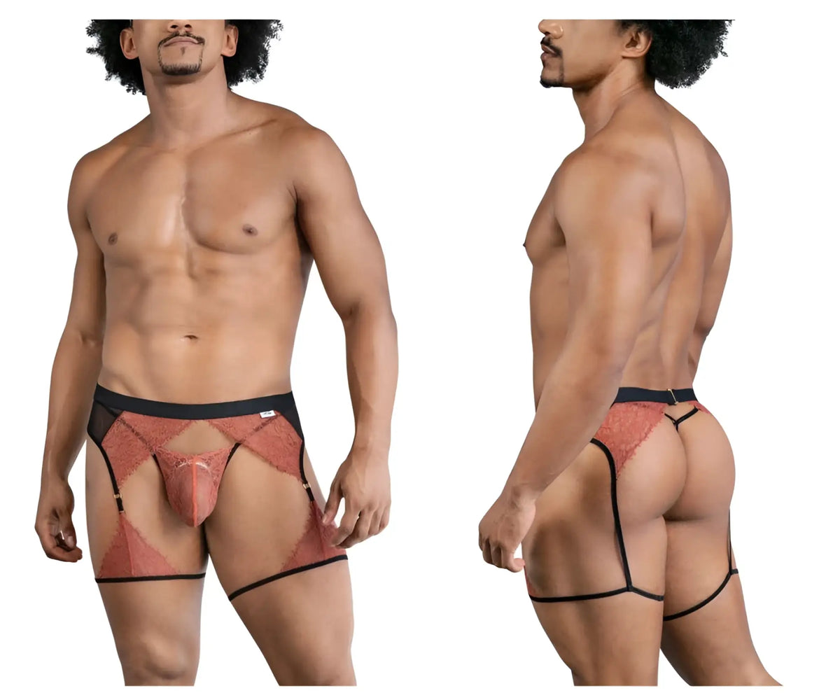 Candyman 99854 lace-garter outfit rust-colored lace men’s briefs with black trim and garter straps front view