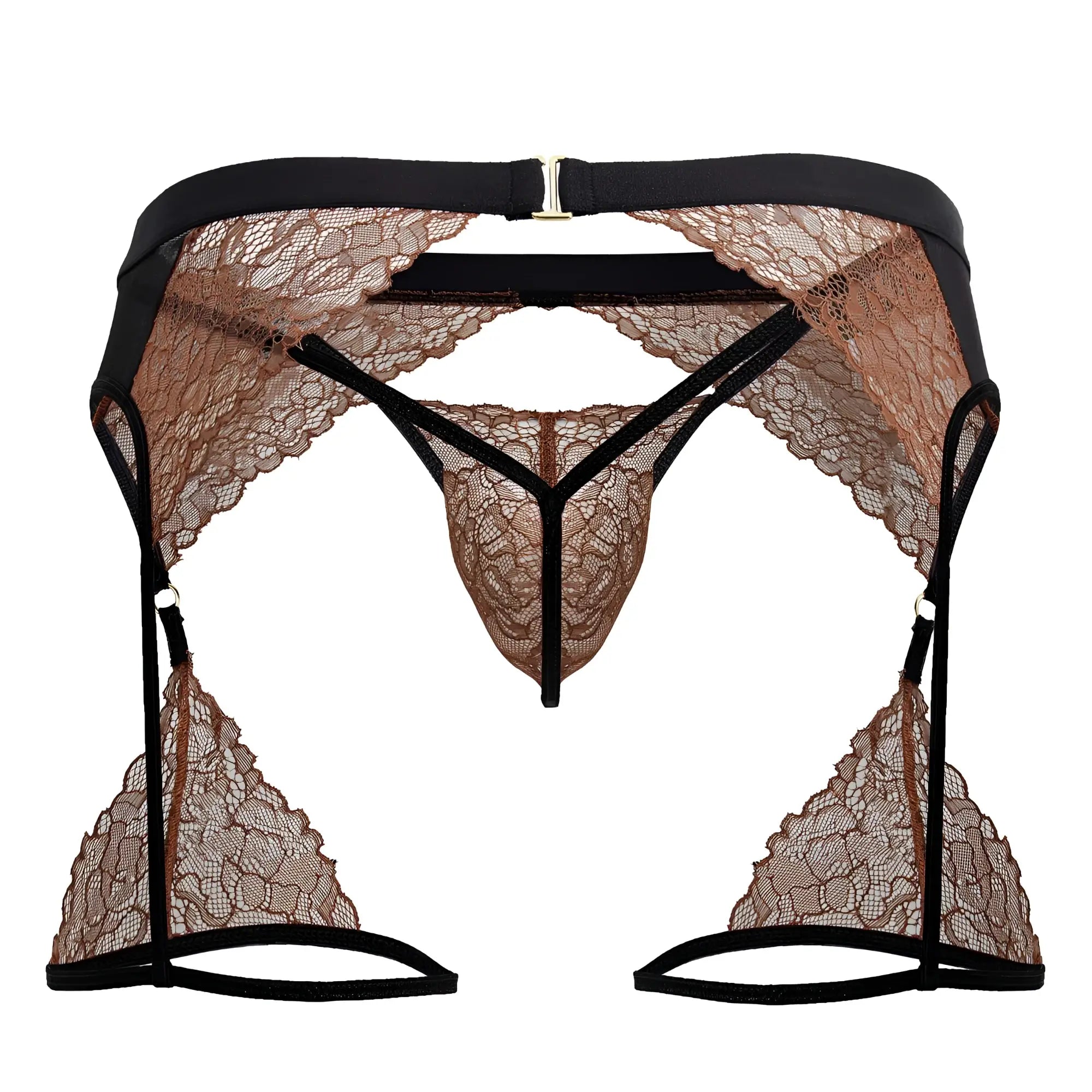 Black and tan lace lingerie set with high-waisted garter belt thong and triangular leg straps candyMan 99854