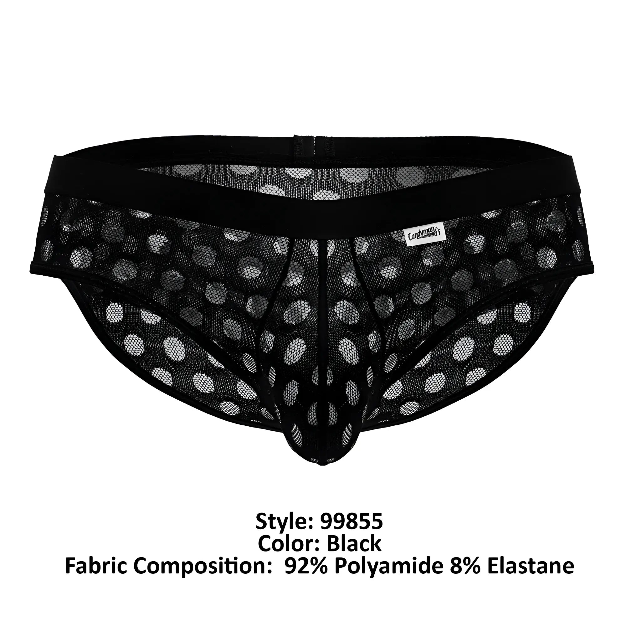 Black candy man 99855 polka mesh briefs with a solid waistband featuring a black polka dot pattern