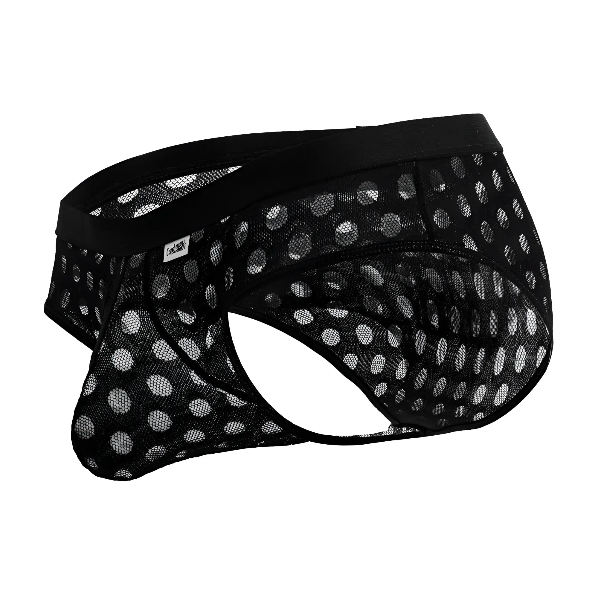 Black CandyMan 99855 mesh briefs with white polka dots and a solid black elastic waistband