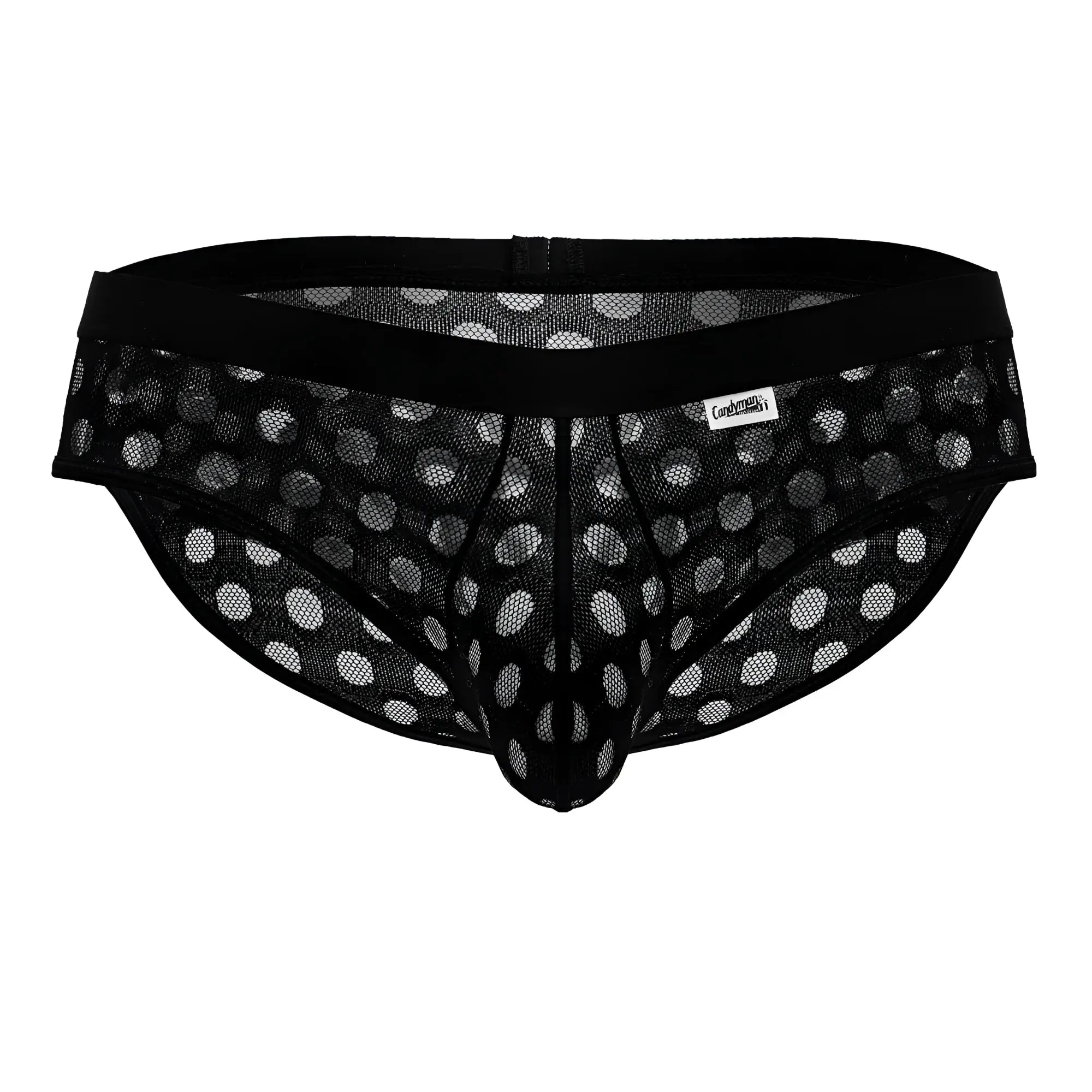 Candyman 99855 black mesh briefs with white polka dots and black elastic waistband for comfortable wear