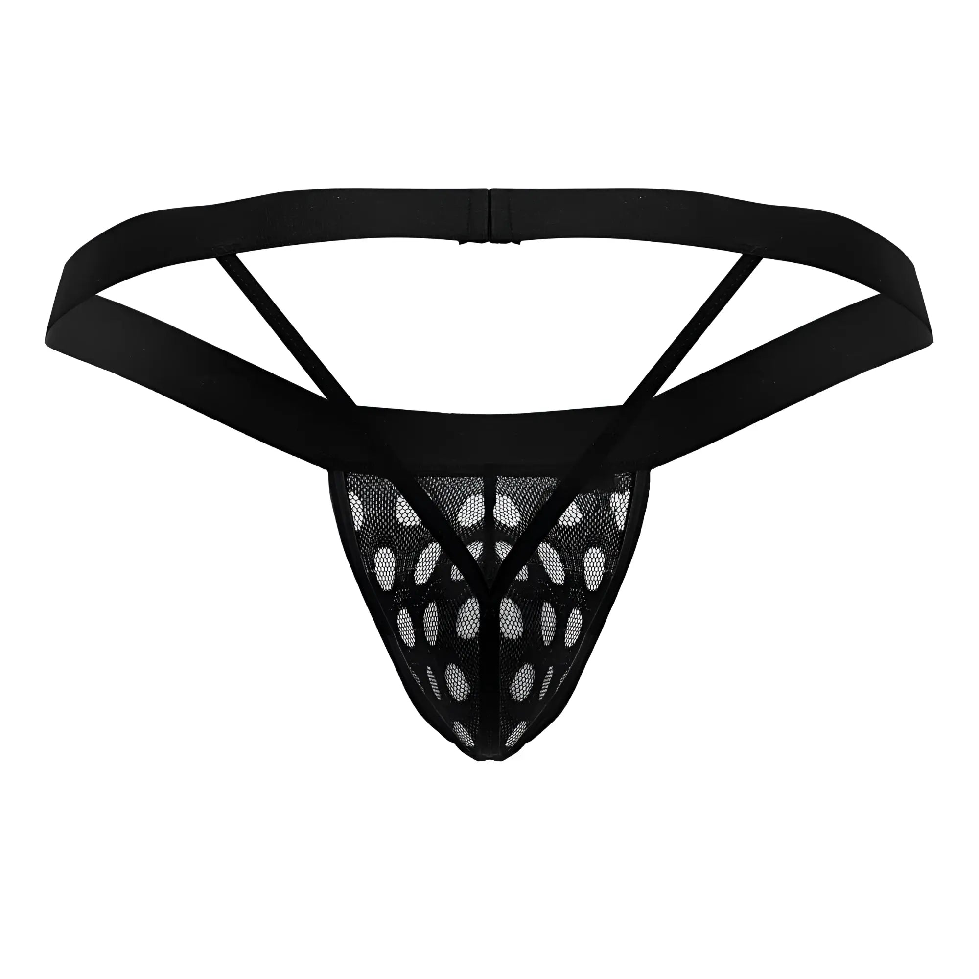 Black mesh thong candyMan 99856 with solid black elastic waistband and triangular cutouts in color black