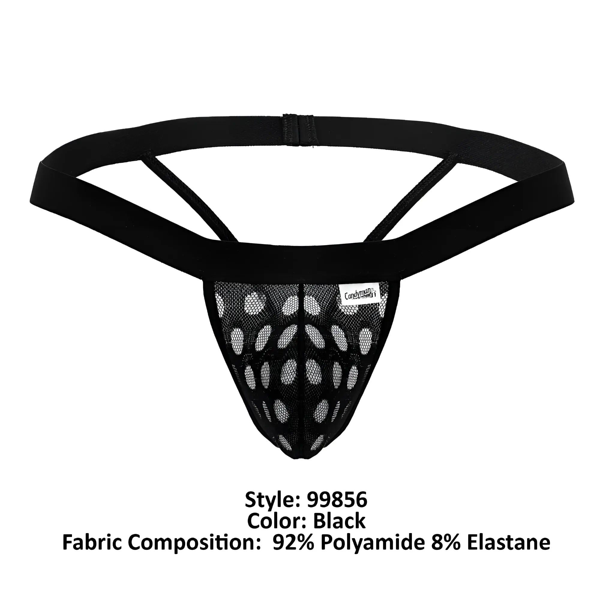 CandyMan 99856 black mesh thong with solid elastic waistband and circular cutouts in polka mesh design