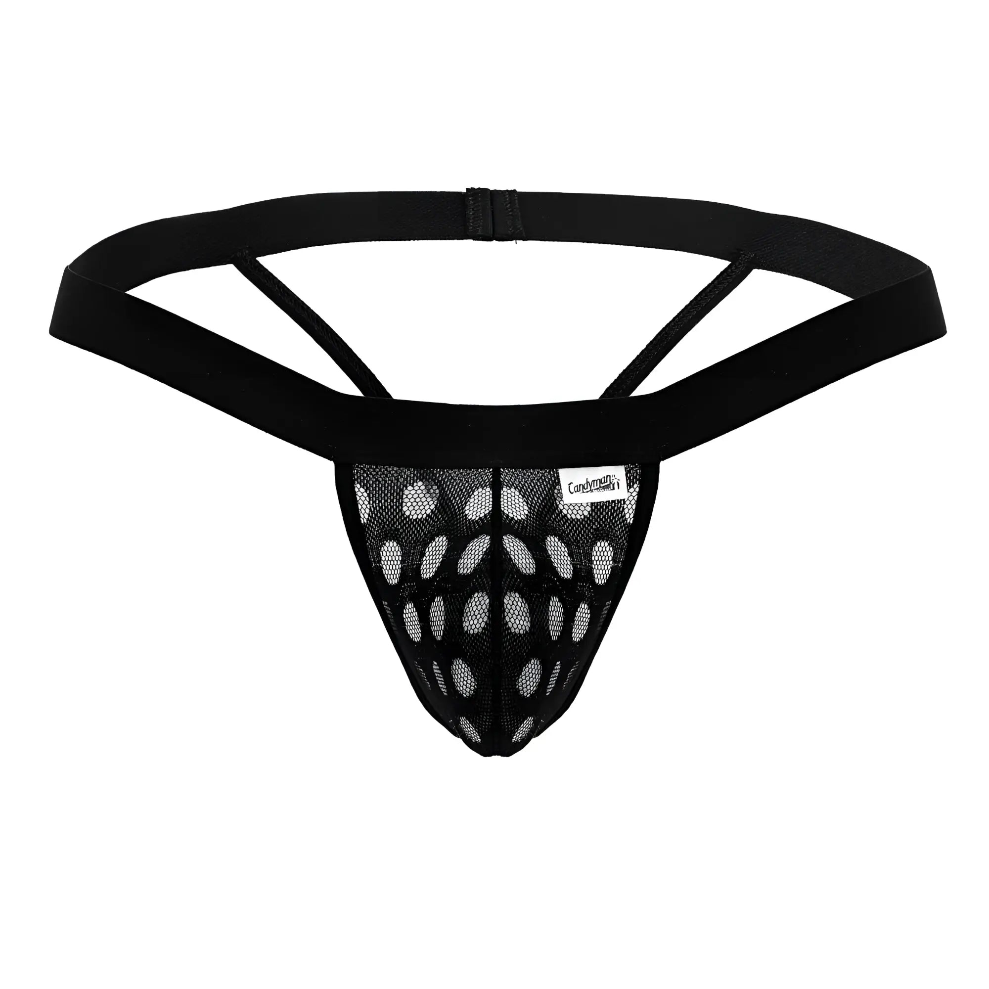 Black mesh thong with solid waistband and adjustable straps featuring oval pattern candyMan 99856 polka mesh black