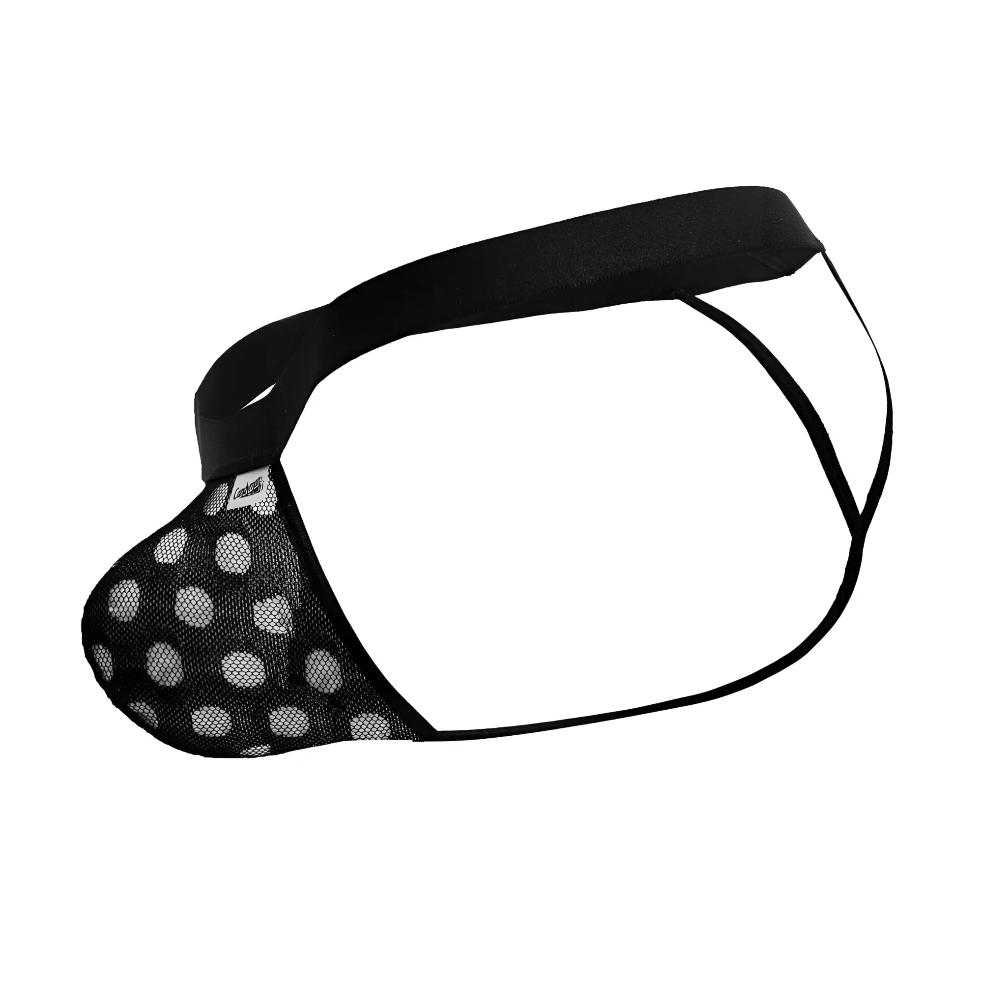 CandyMan 99856 polka mesh thong in black featuring white polka dots and a solid black waistband