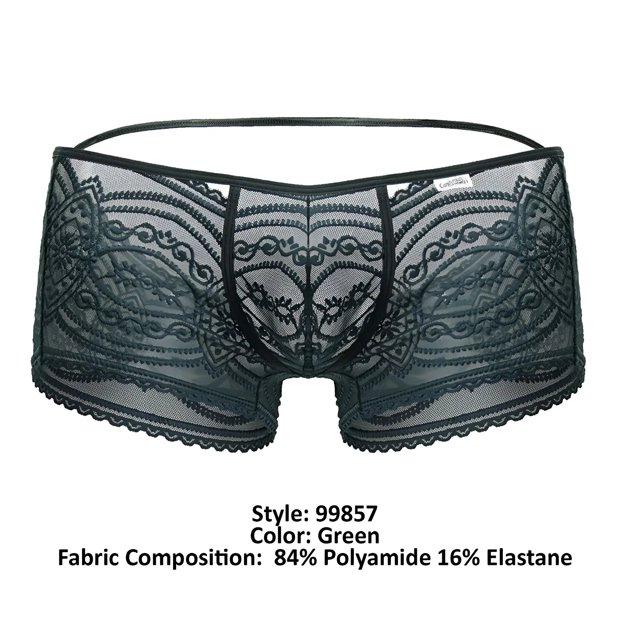 Black lace mens underwear candyMan 99857 lace trunks green with intricate floral patterns and sheer mesh texture