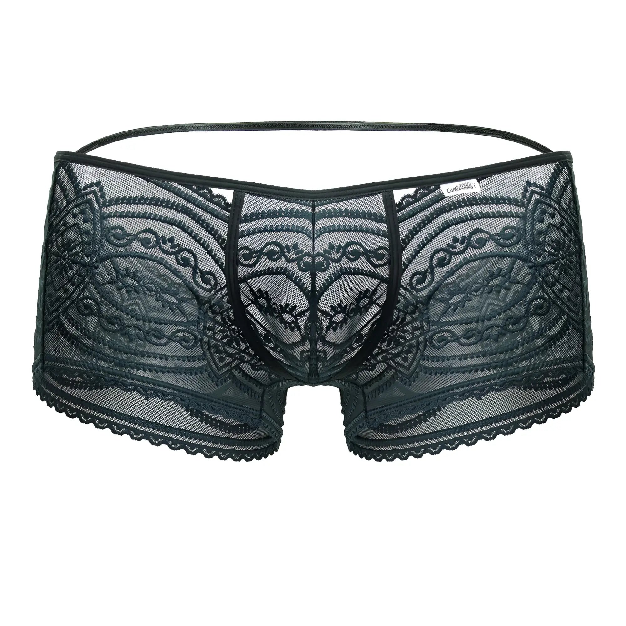 CandyMan 99857 lace trunks in green featuring black lace men’s underwear with intricate floral patterns and scalloped edges