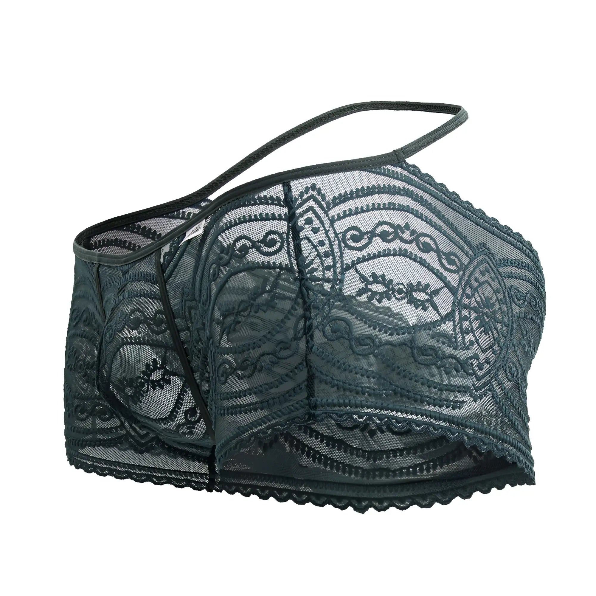 Dark gray lace bra with intricate floral patterns and thin straps in candyman 99857 lace trunks color green collection
