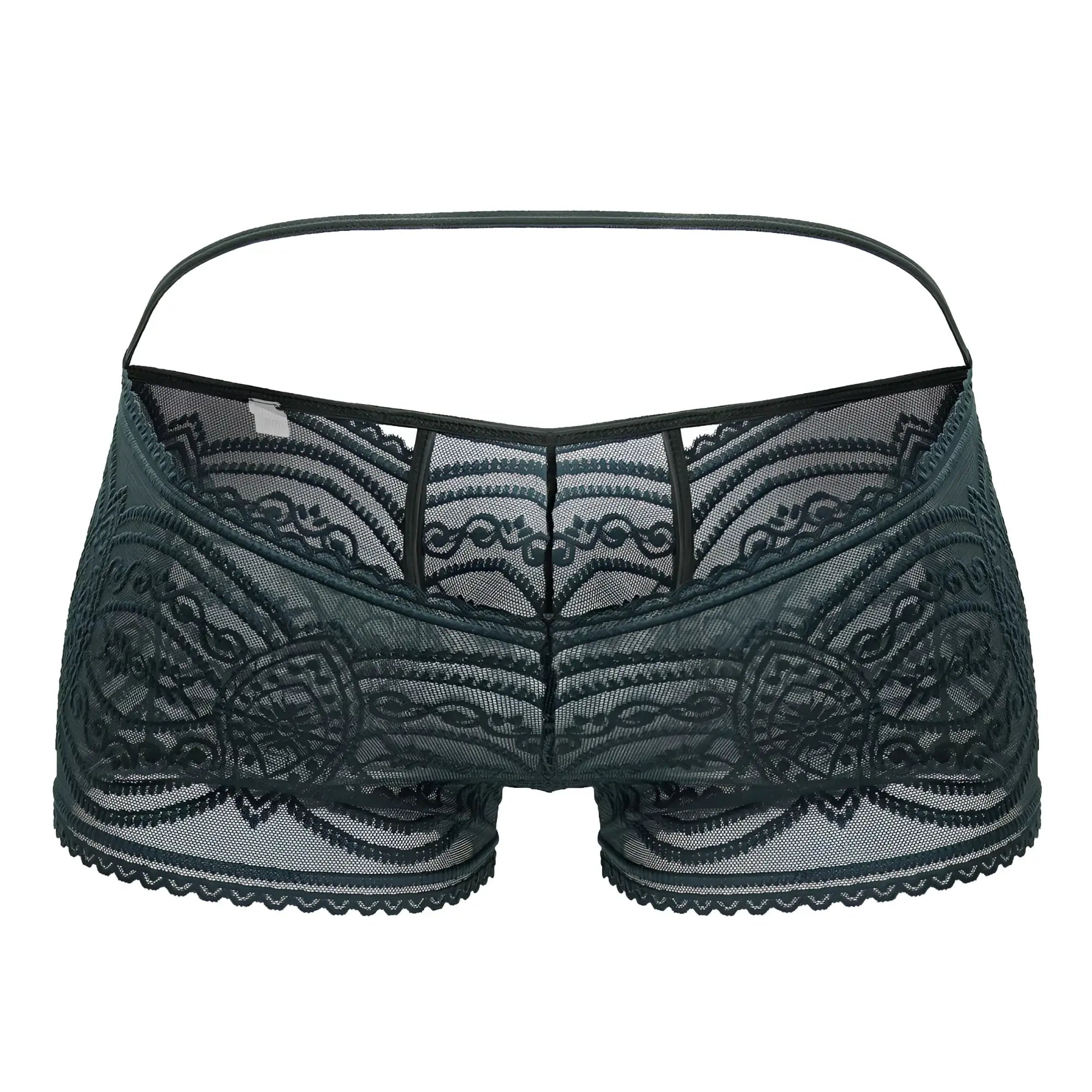 Dark green CandyMan 99857 lace trunks featuring intricate floral patterns and a thin matching waistband