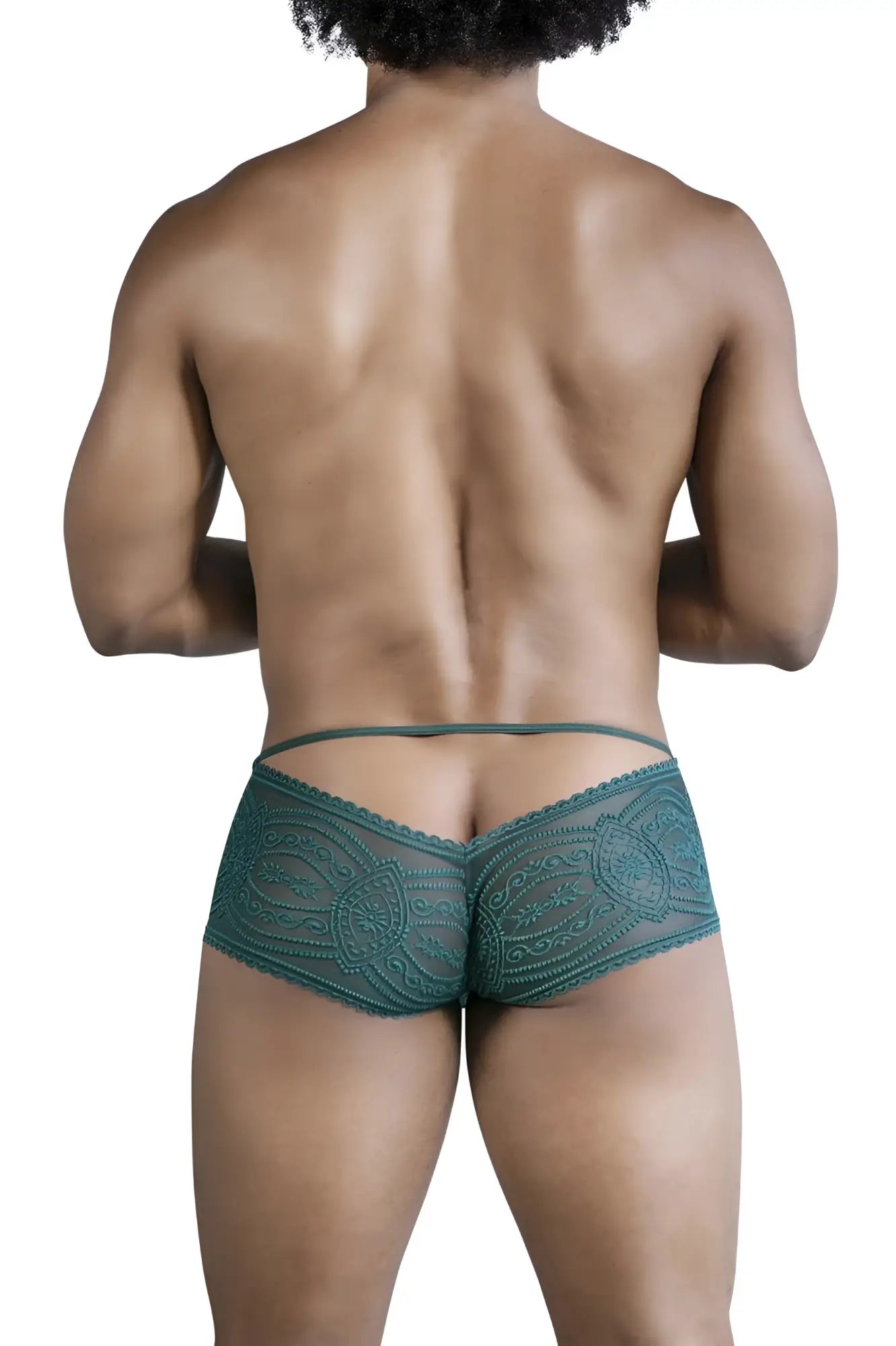 Teal lace briefs candyMan 99857 lace trunks in green with intricate floral patterns and delicate sheer design
