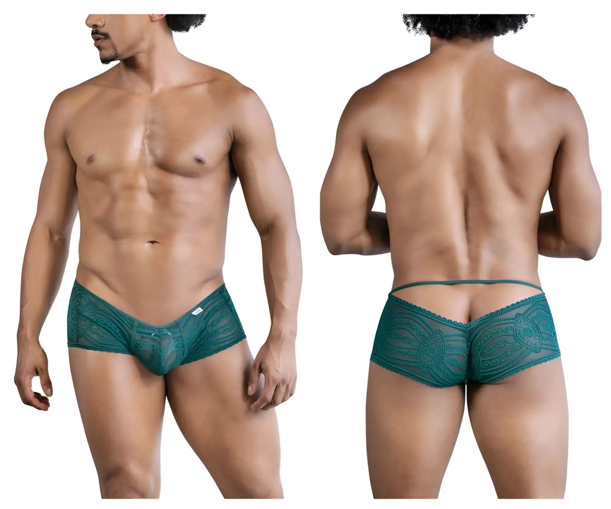 Teal lace mens briefs with intricate floral pattern and back tie design candyMan 99857 lace trunks green back view